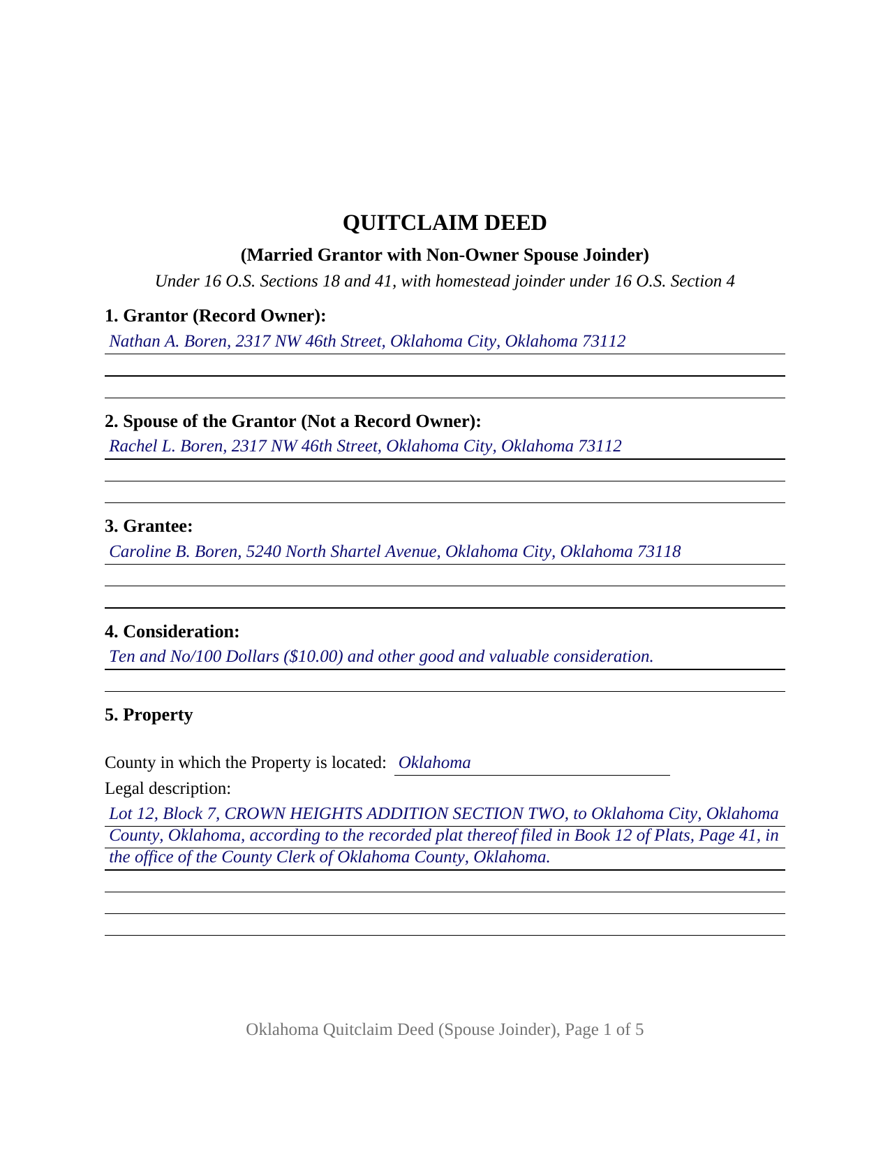 Muskogee County Completed Example of the Quitclaim Deed (Married Grantor with Non-Owner Spouse Joinder) Document