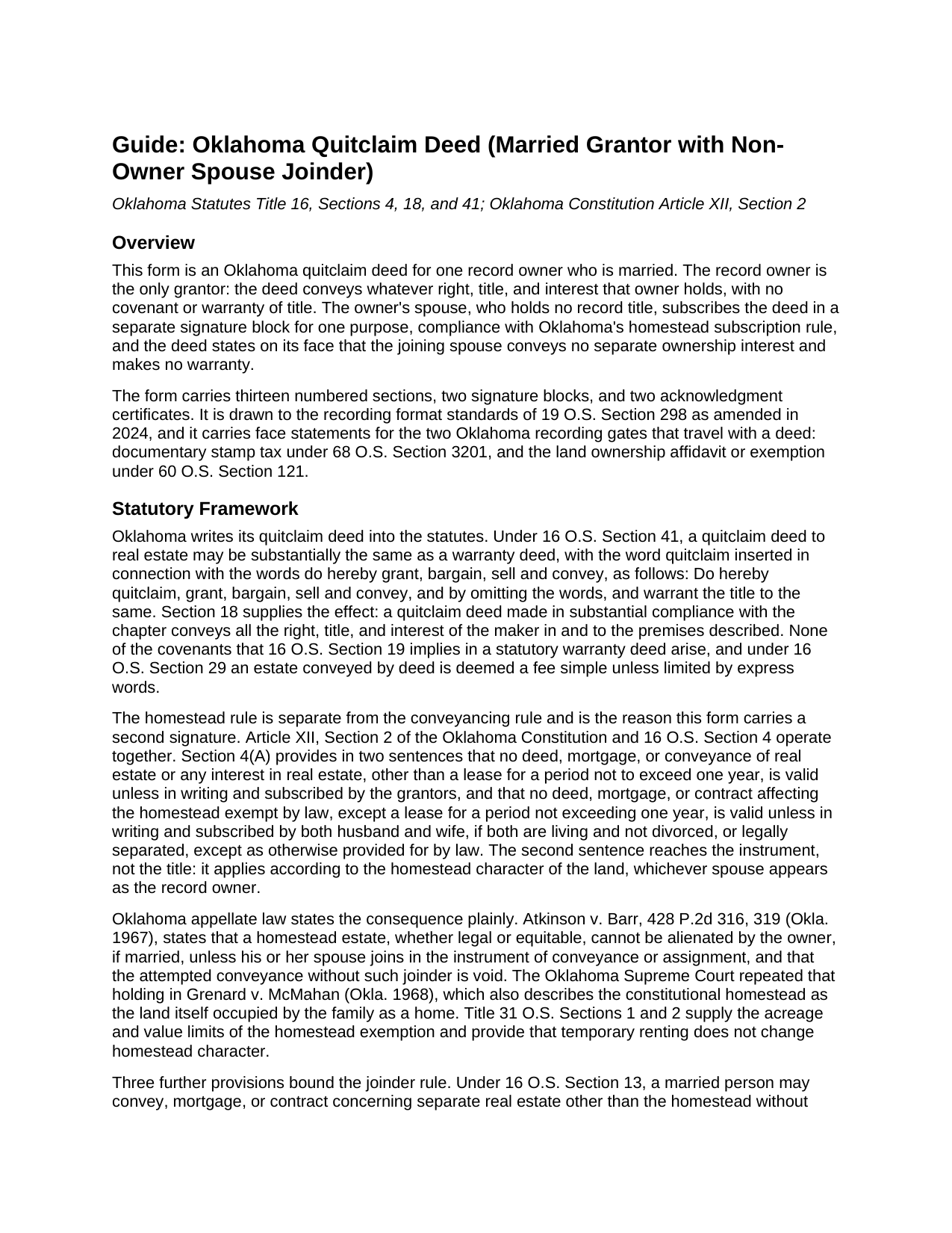Muskogee County Quitclaim Deed (Married Grantor with Non-Owner Spouse Joinder) Guide