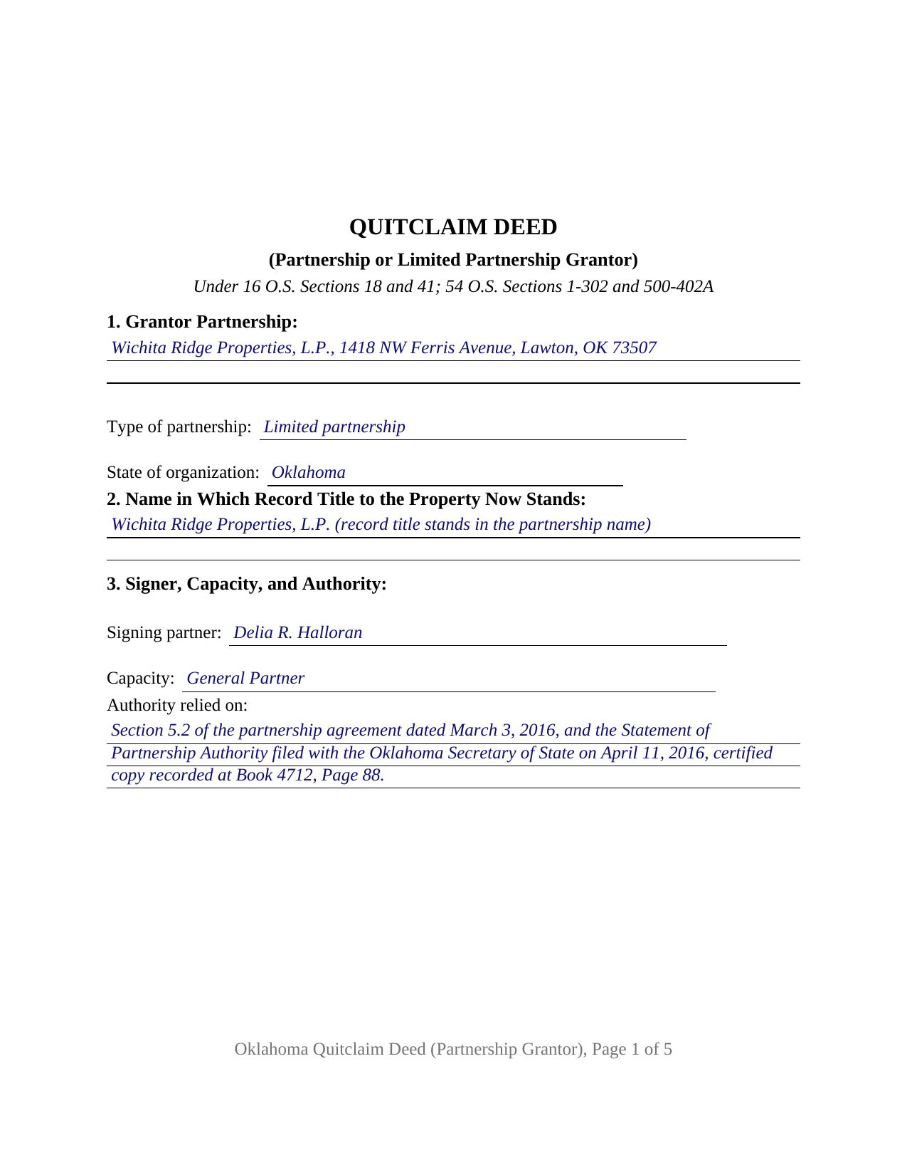 Murray County Completed Example of the Quitclaim Deed (Partnership or Limited Partnership Grantor) Document