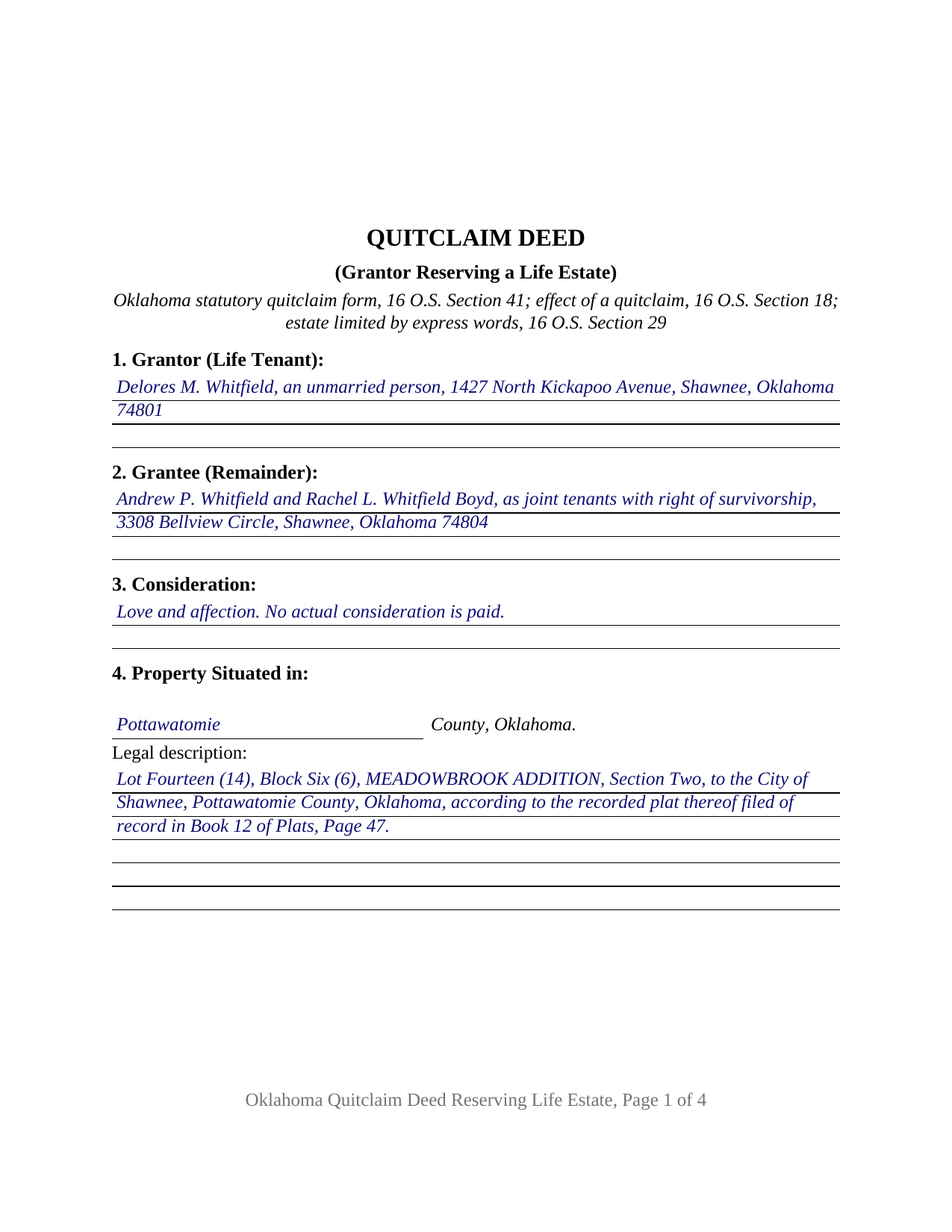 Jackson County Completed Example of the Quitclaim Deed (Reserving Life Estate) Document