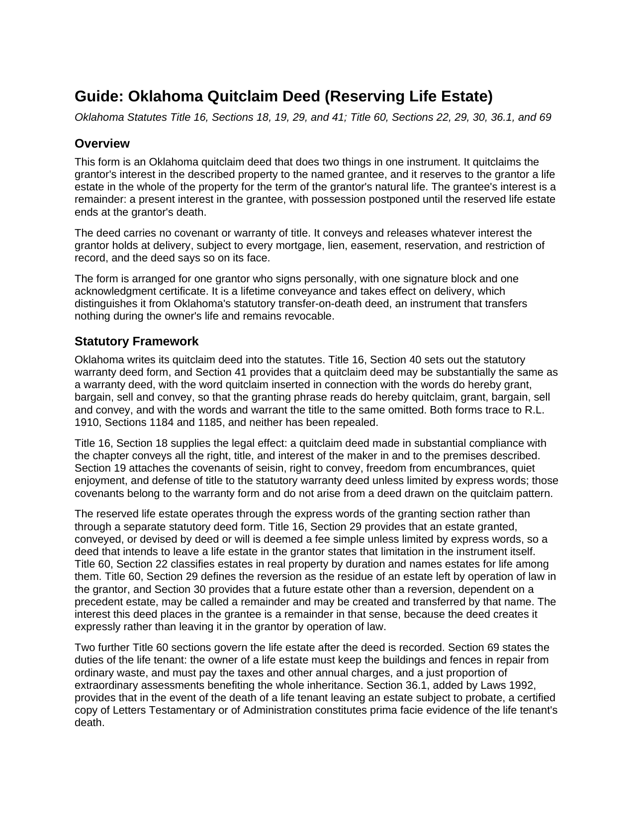 Jackson County Quitclaim Deed (Reserving Life Estate) Guide