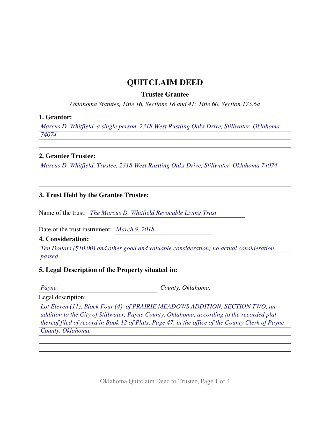 Rogers County Completed Example of the Quitclaim Deed (Trustee Grantee) Document