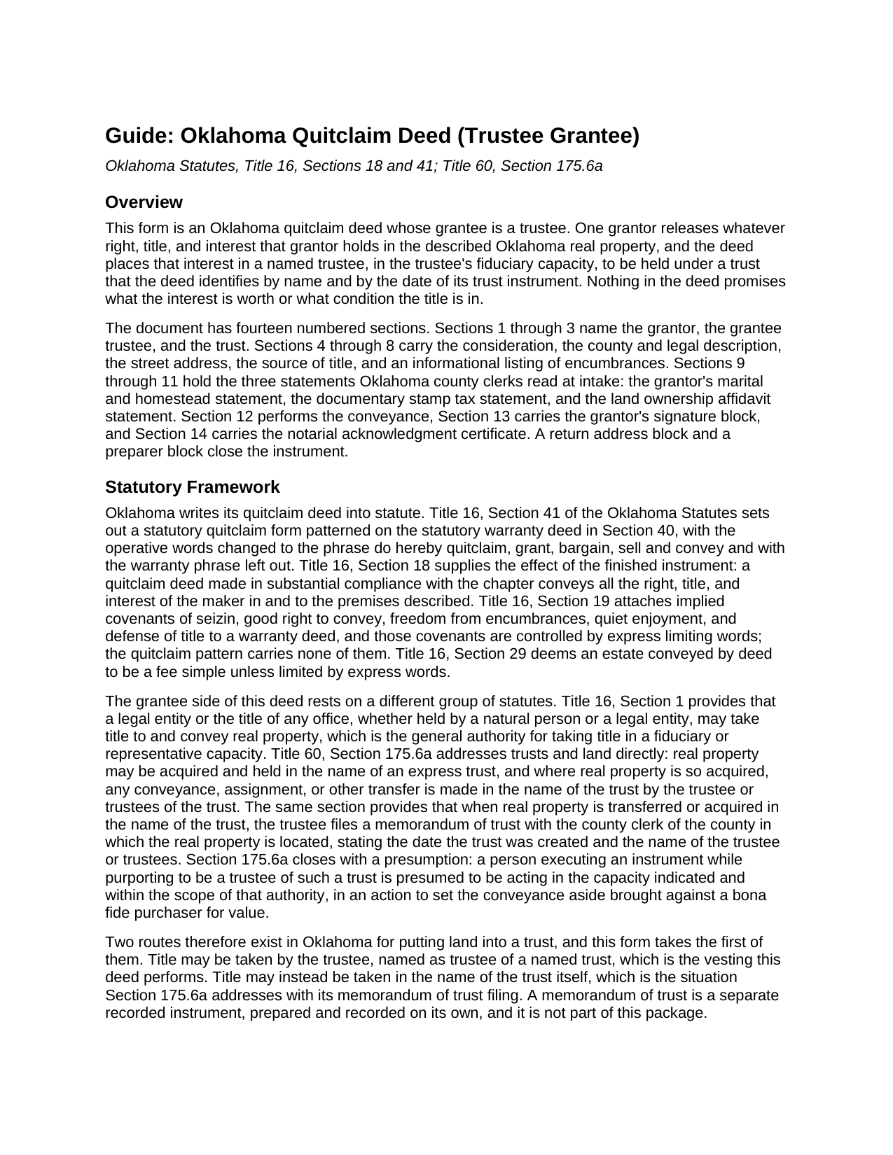 Rogers County Quitclaim Deed (Trustee Grantee) Guide