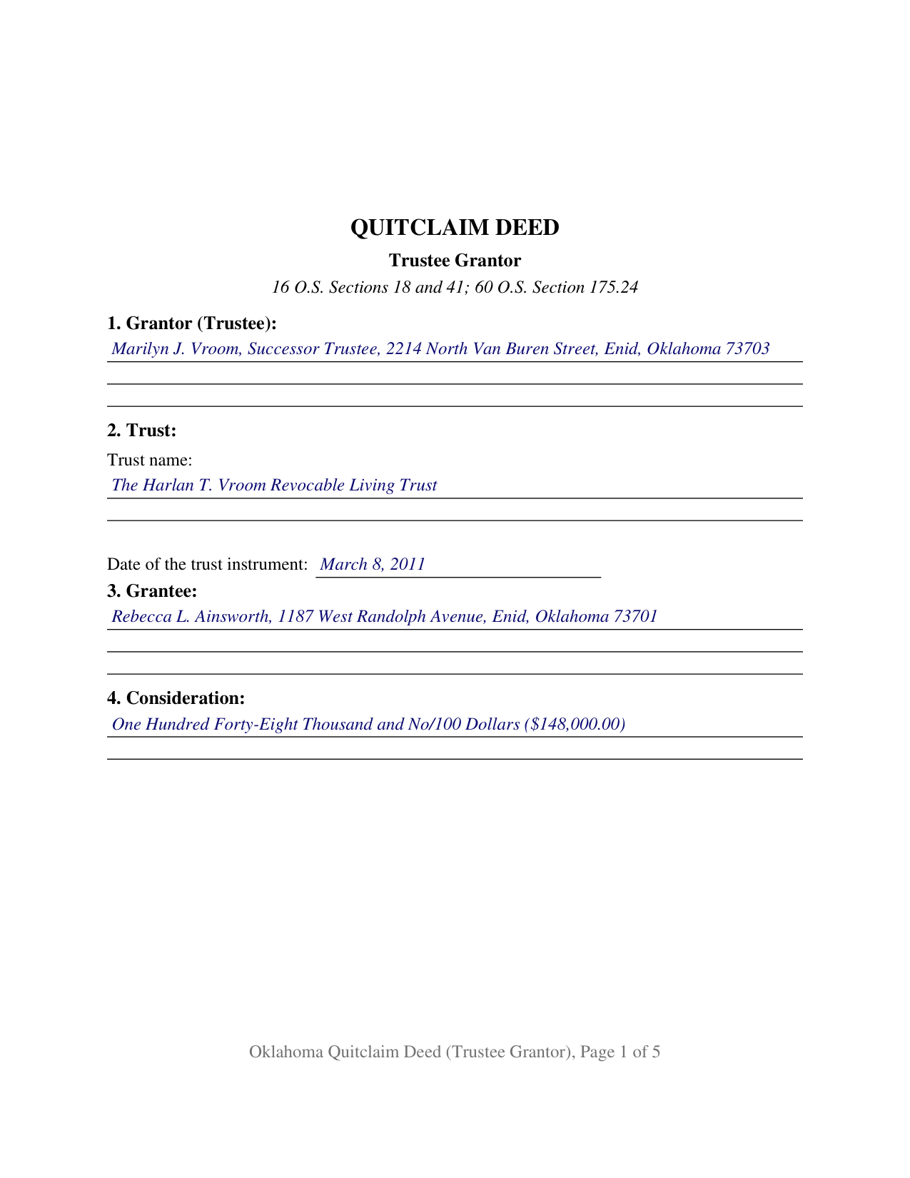 Hughes County Completed Example of the Quitclaim Deed (Trustee Grantor) Document