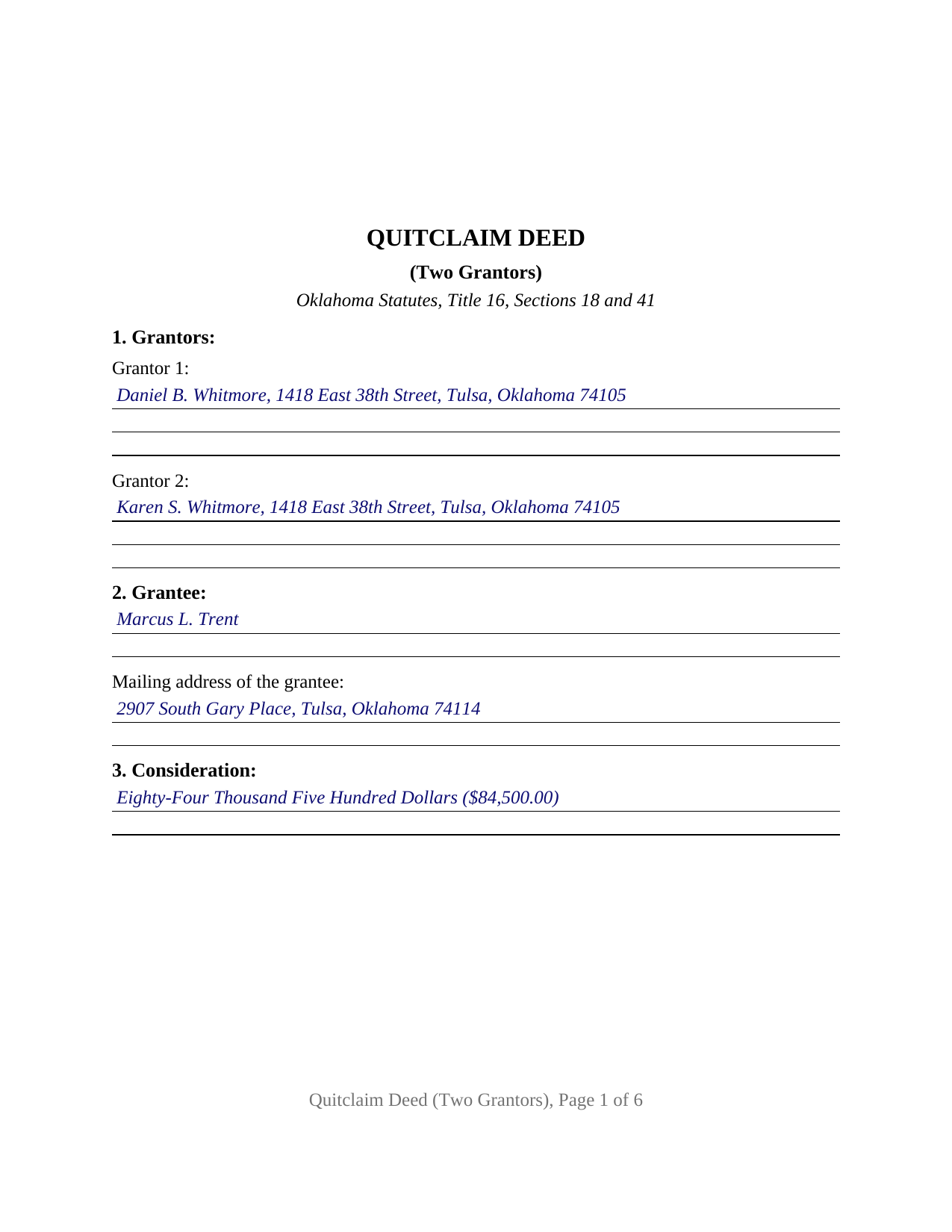 Adair County Completed Example of the Quitclaim Deed (Two Grantors) Document