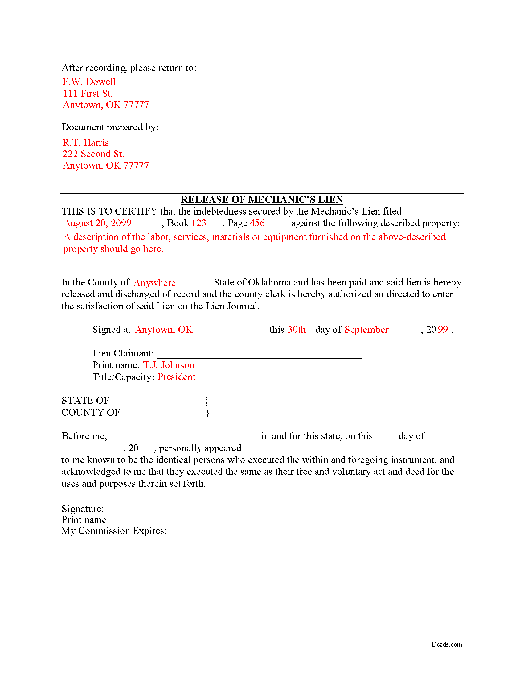 Choctaw County Completed Example of the Release of Mechanic Lien Document