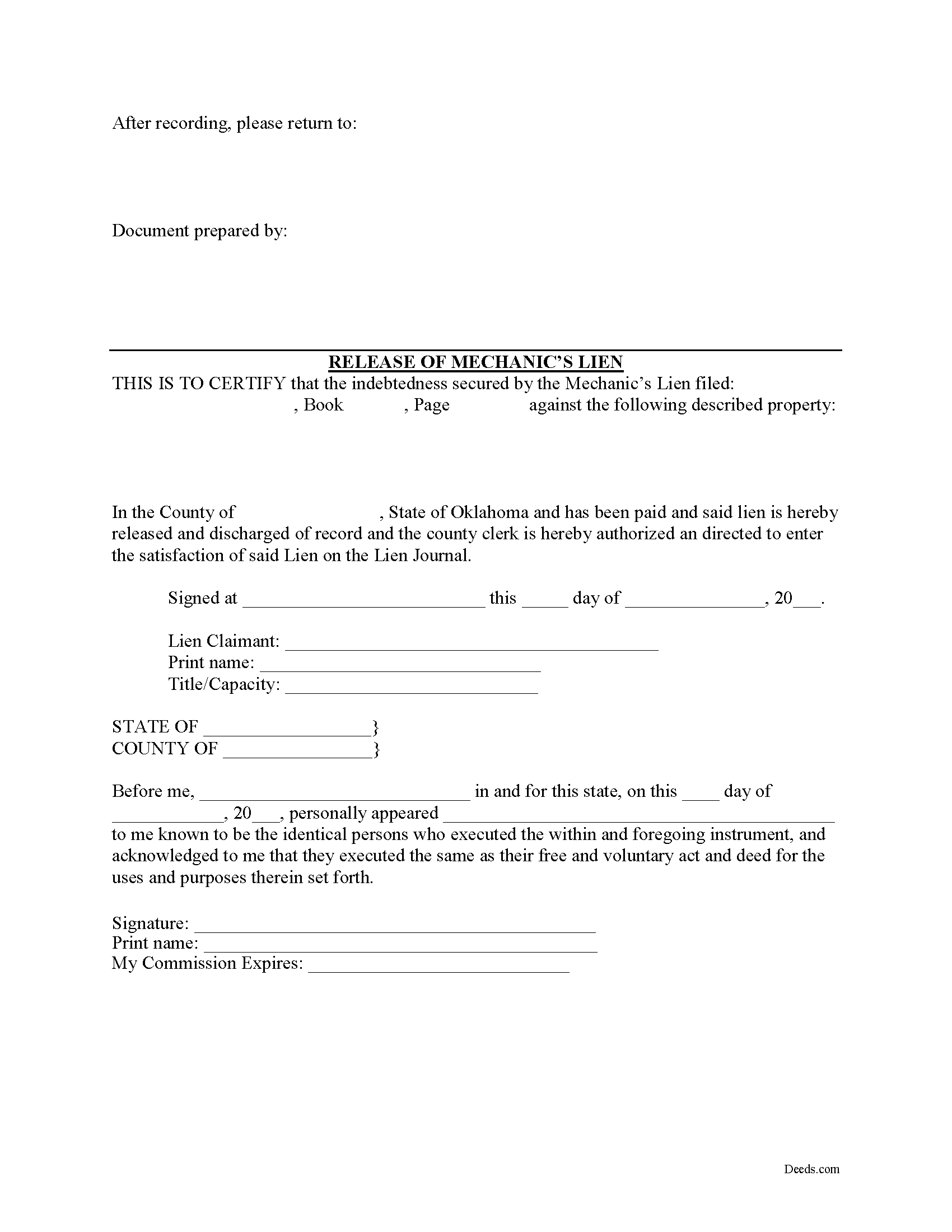 Choctaw County Release of Mechanic Lien Form