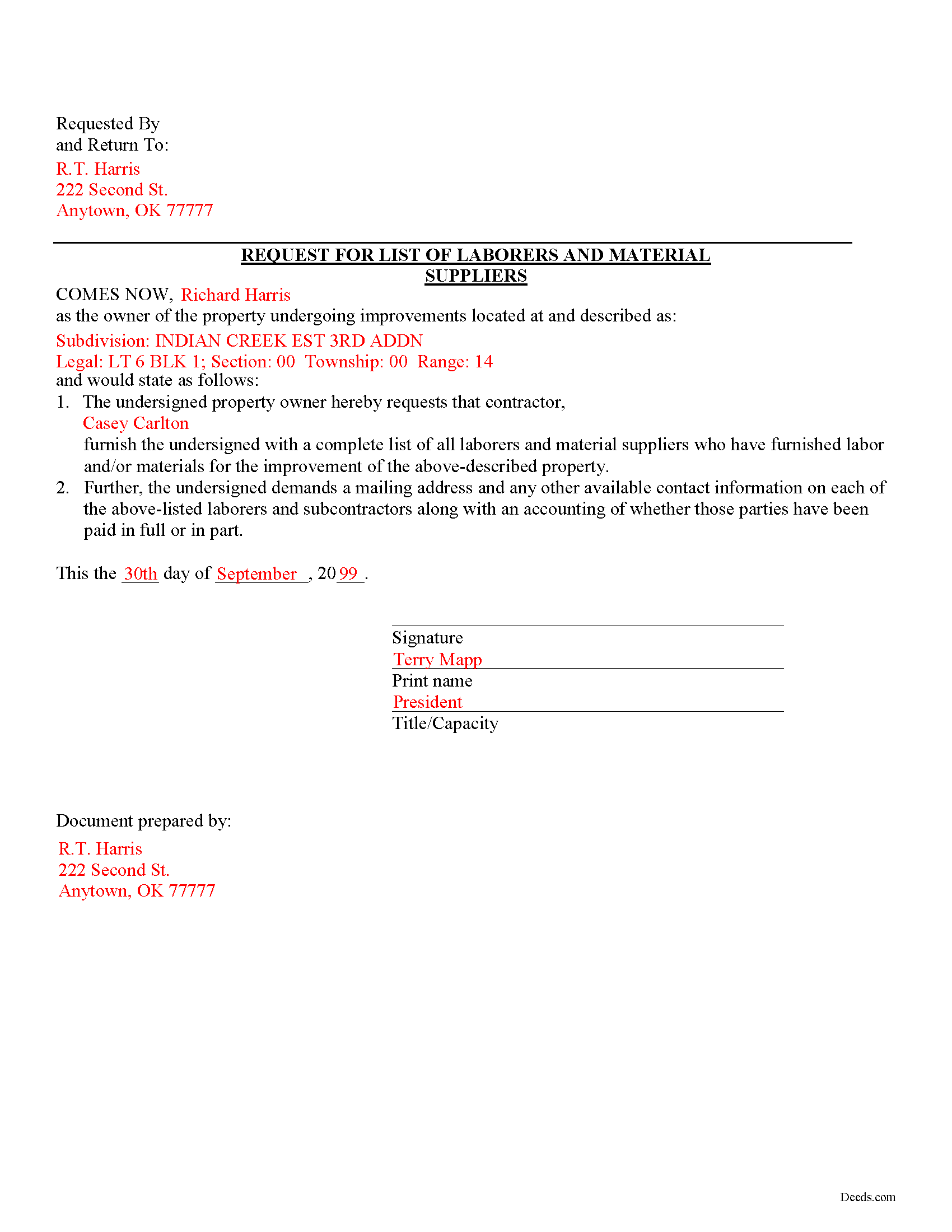 Completed Example of the Request for List Document