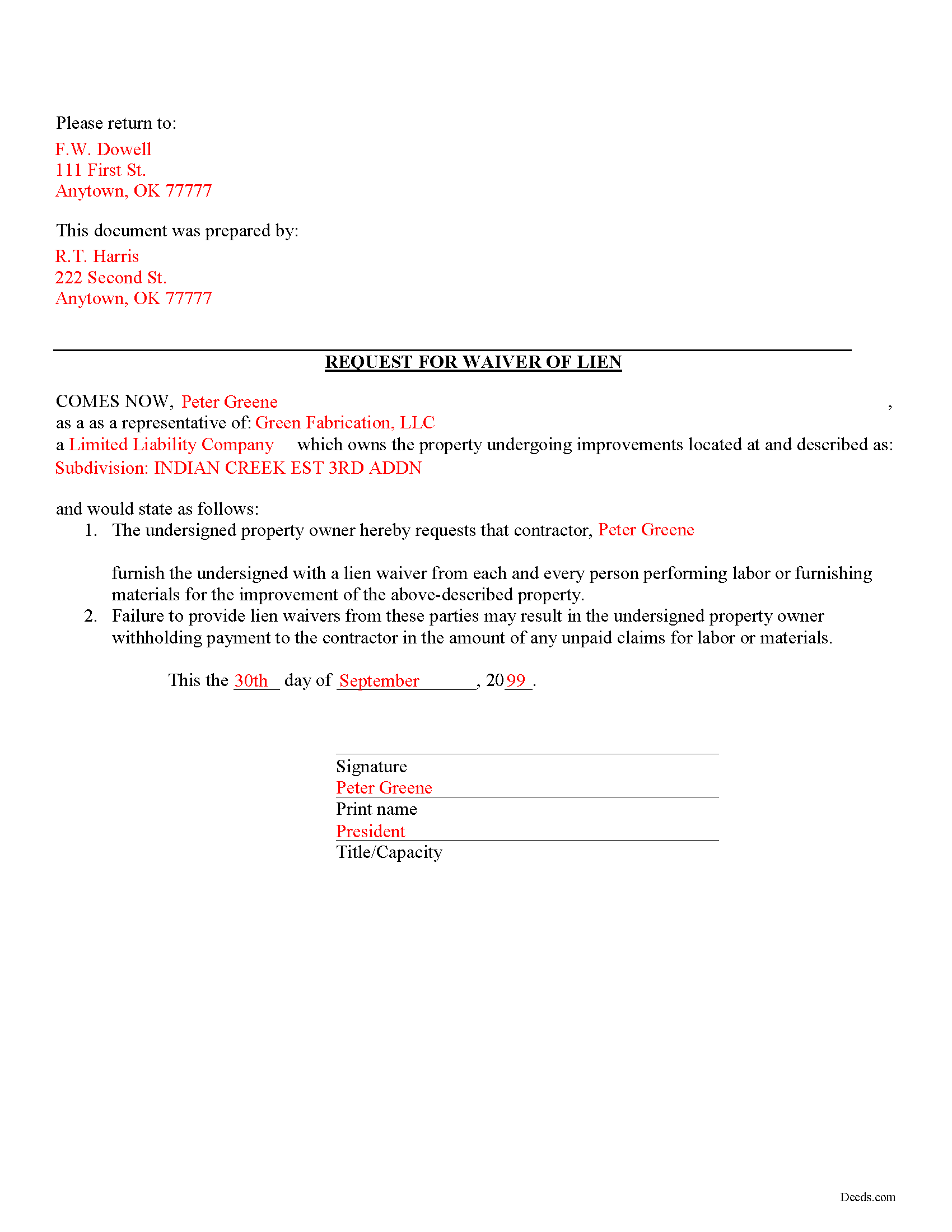Completed Example of the Request for Waiver of Lien Document
