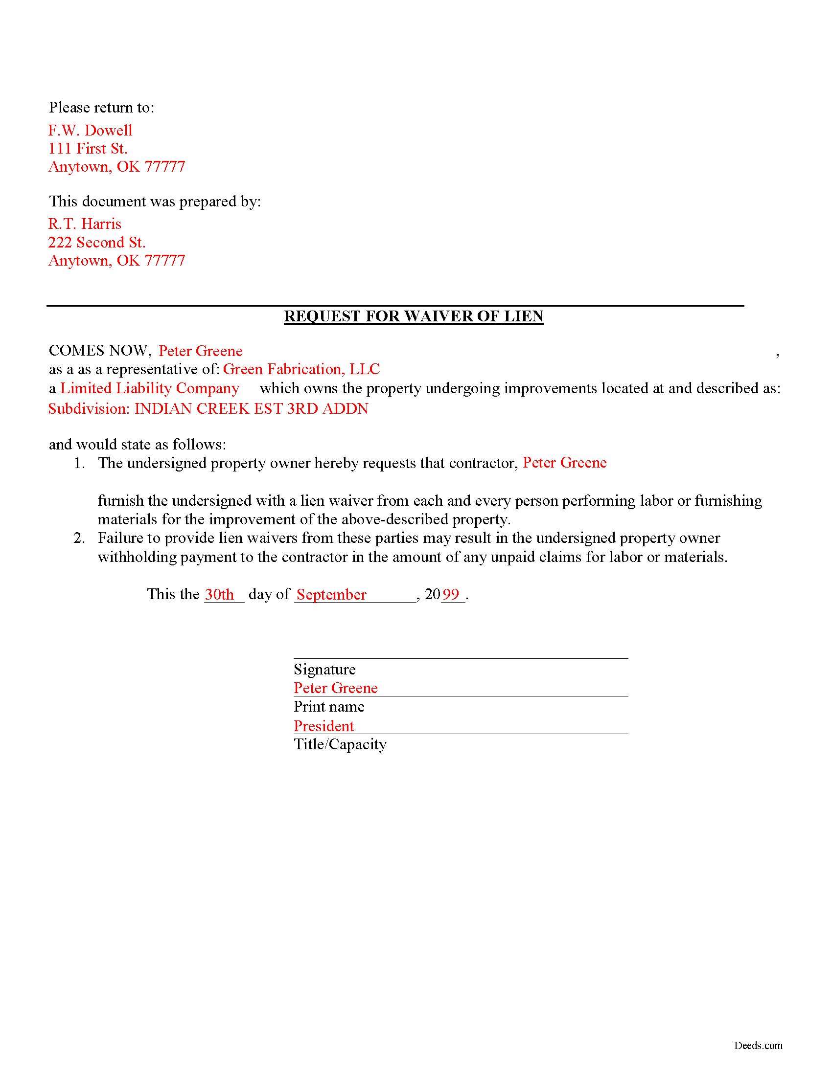 Choctaw County Completed Example of the Request for Waiver of Lien Document