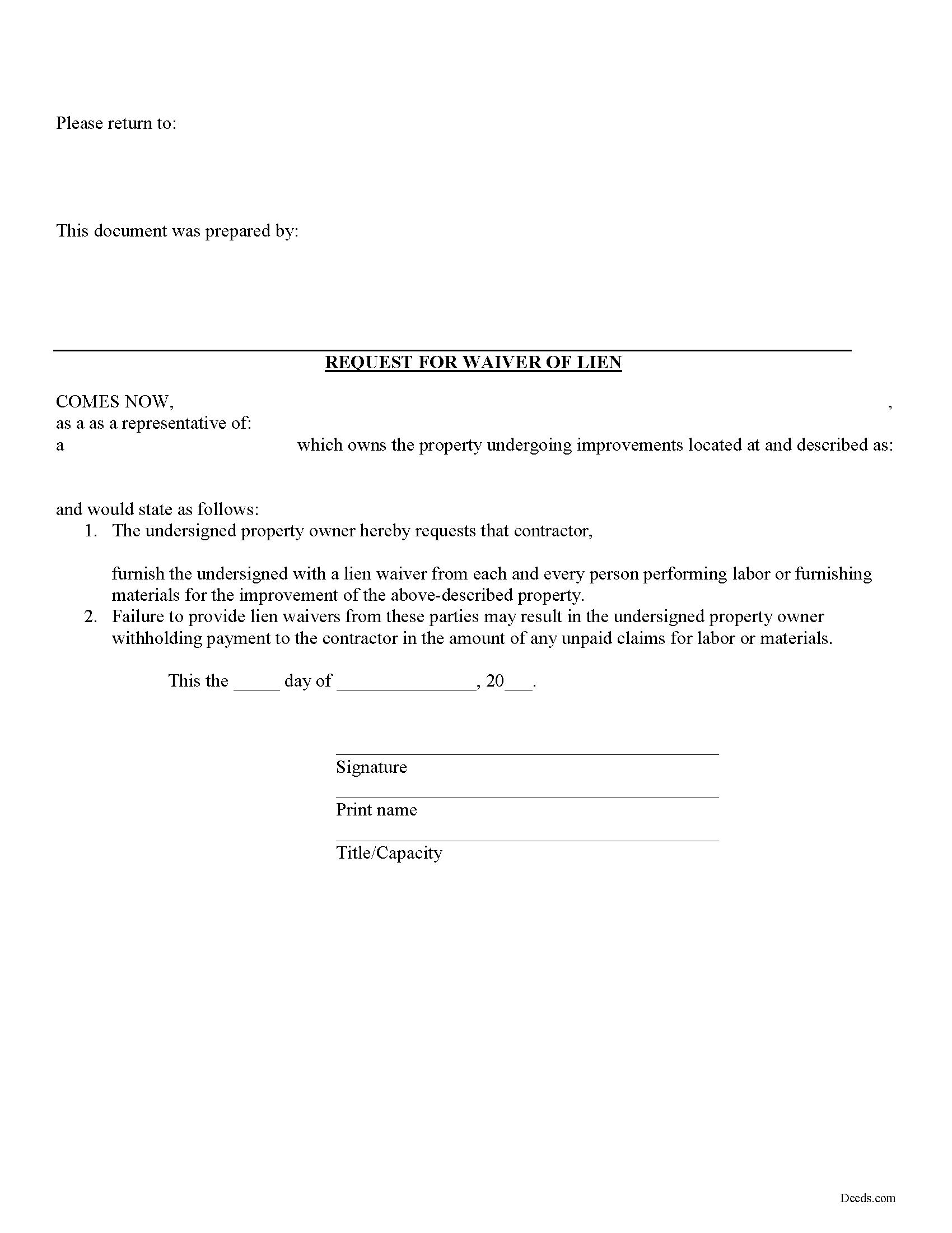 Choctaw County Request for Waiver of Lien Form
