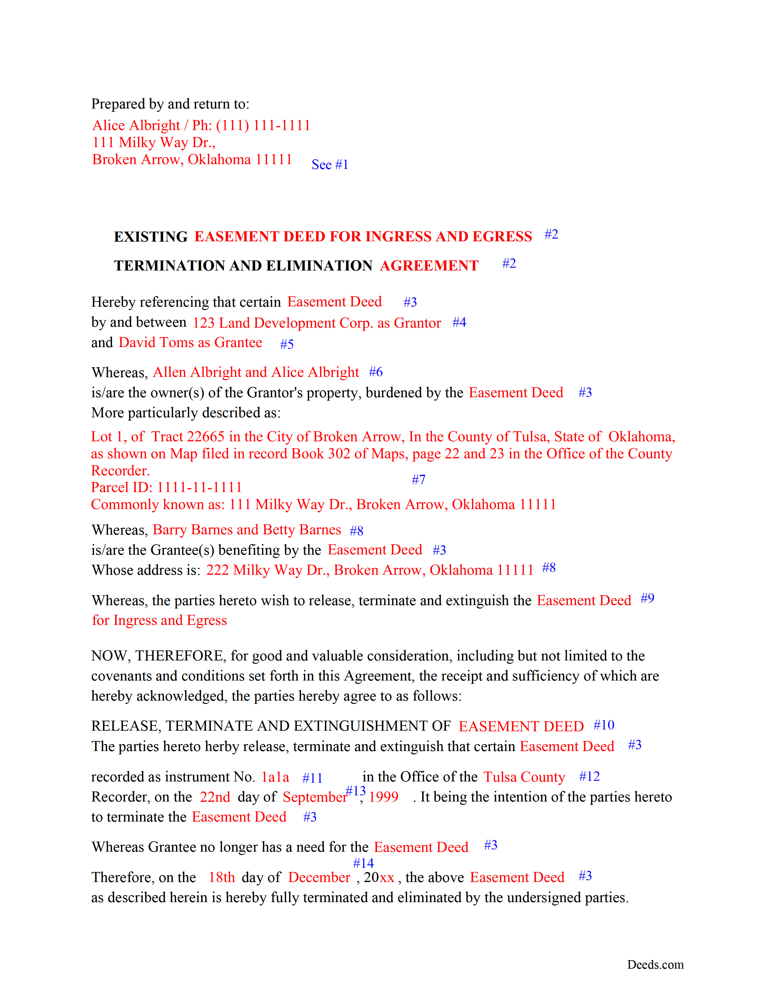 Completed Example of a Release of Easement Deed Document