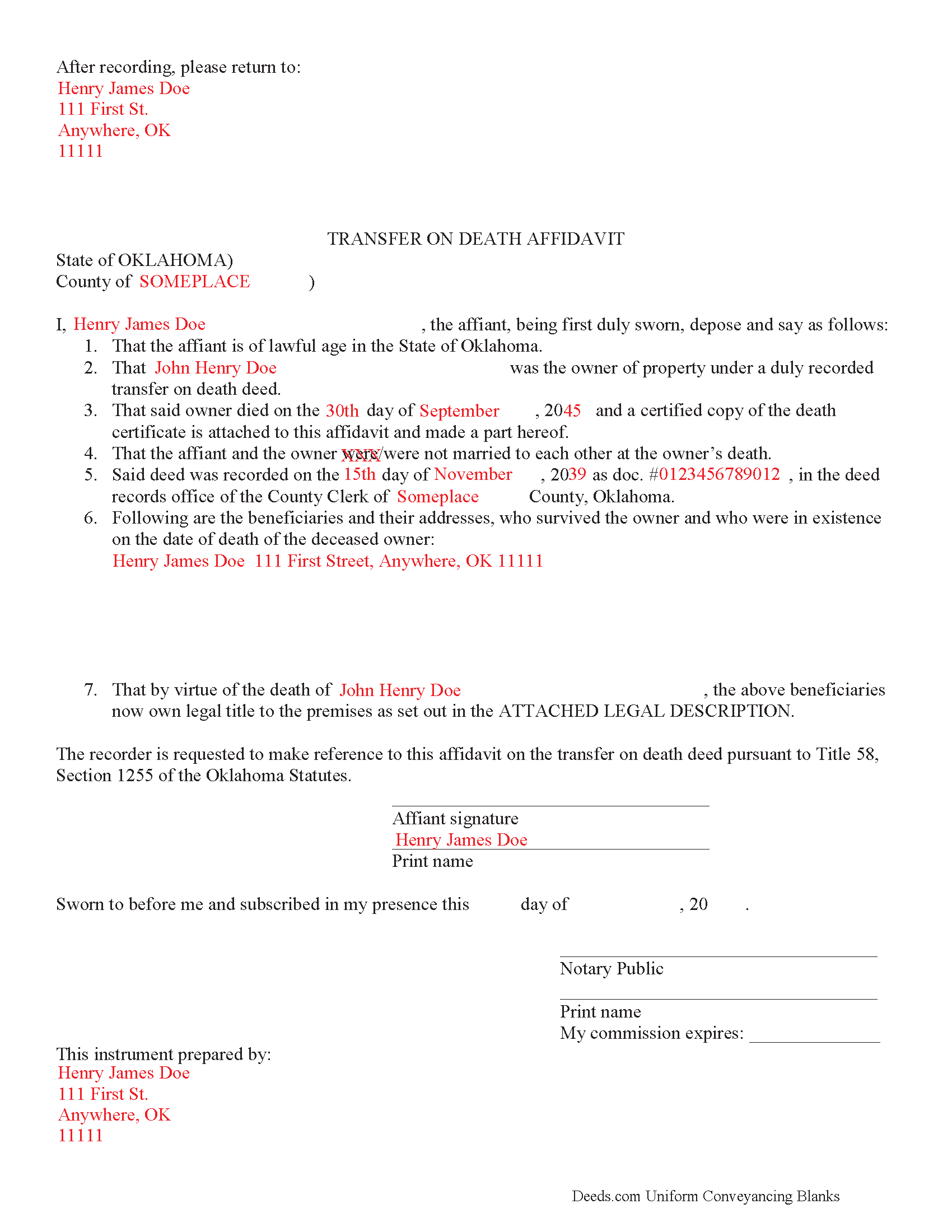 Completed Example of the Transfer on Death Affidavit of Acceptance Document