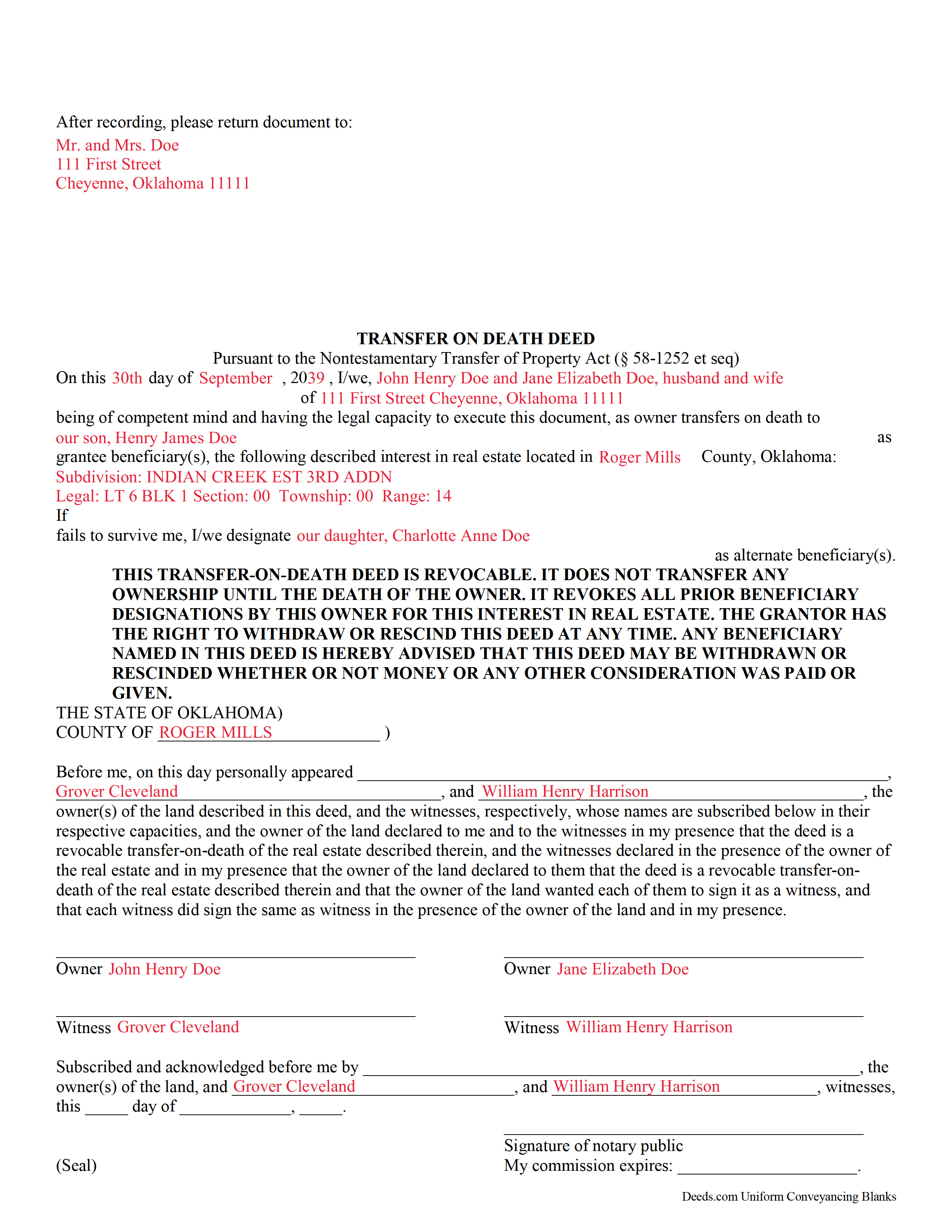 Completed Example of the Transfer on Death Deed Form
