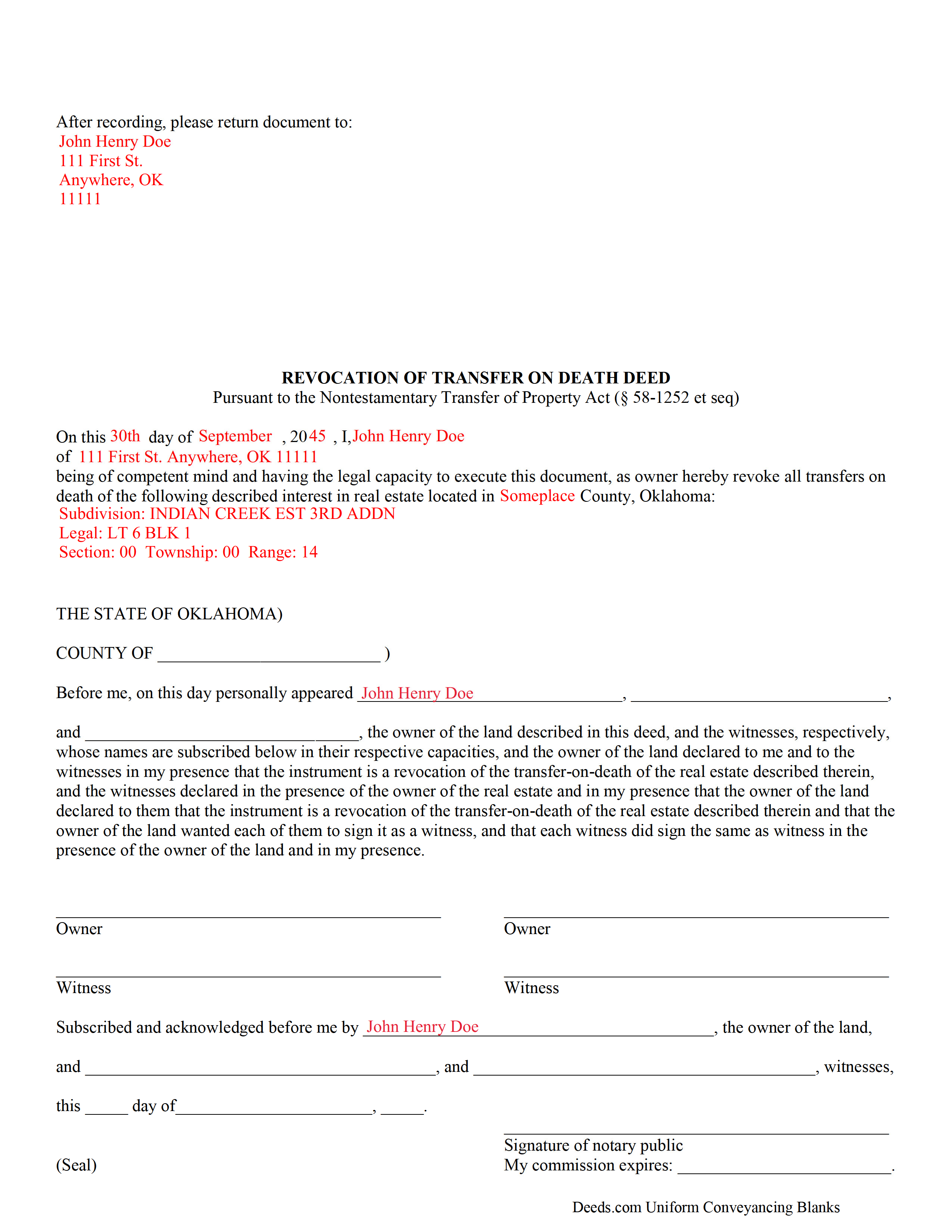 Choctaw County Completed Example of the Transfer on Death Revocation Document