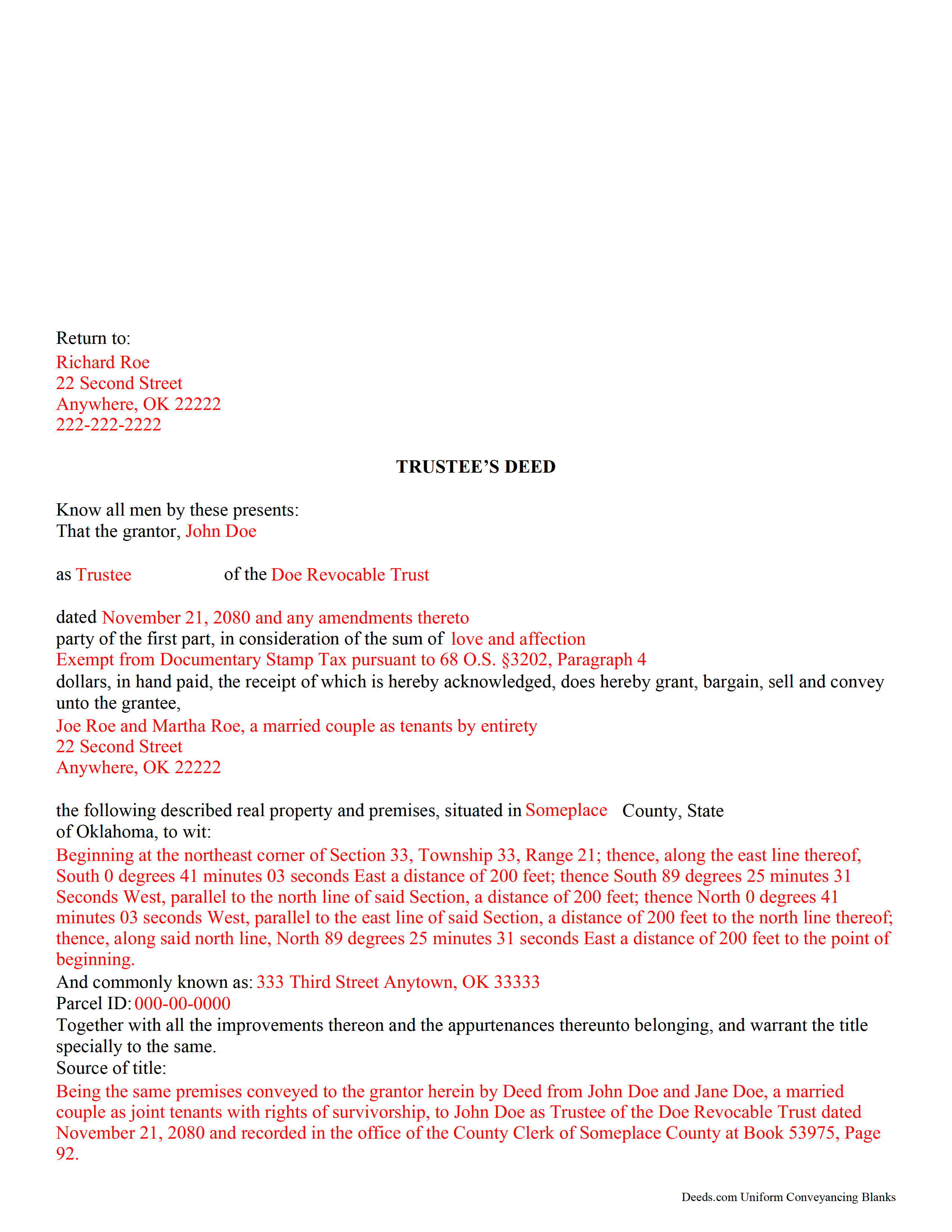 Completed Example of the Trustee Deed Document