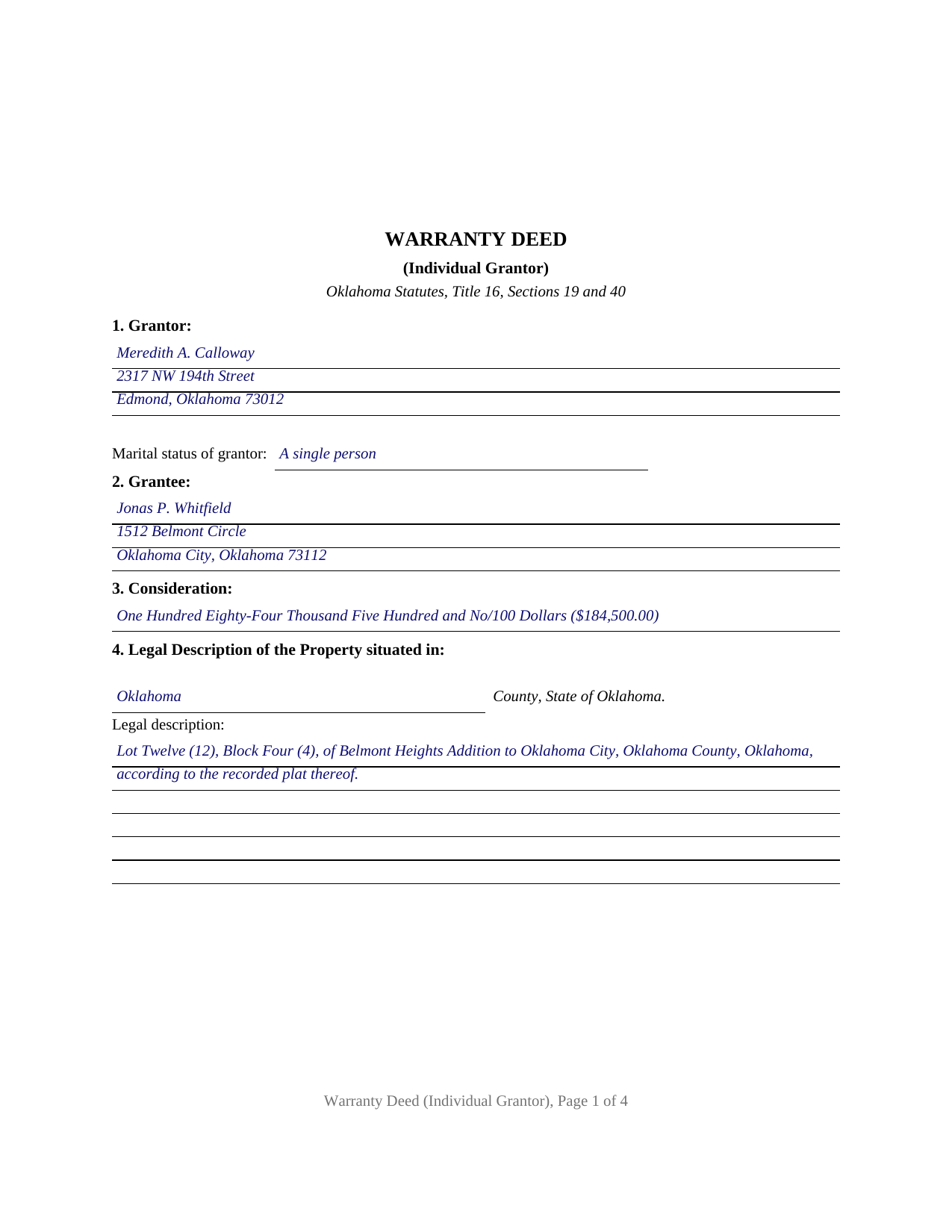 Woods County Completed Example of the Warranty Deed (Individual Grantor) Document