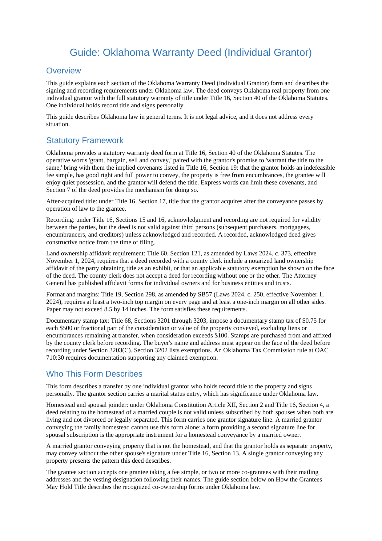 Woods County Warranty Deed (Individual Grantor) Guide