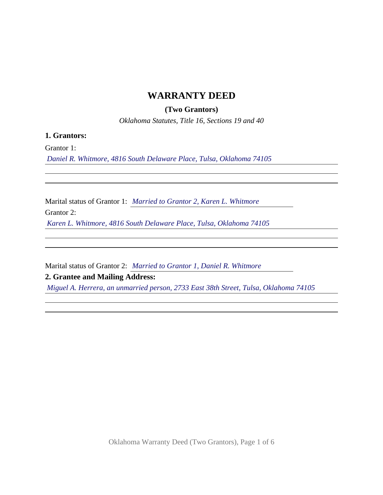 Latimer County Completed Example of the Warranty Deed (Two Grantors) Document