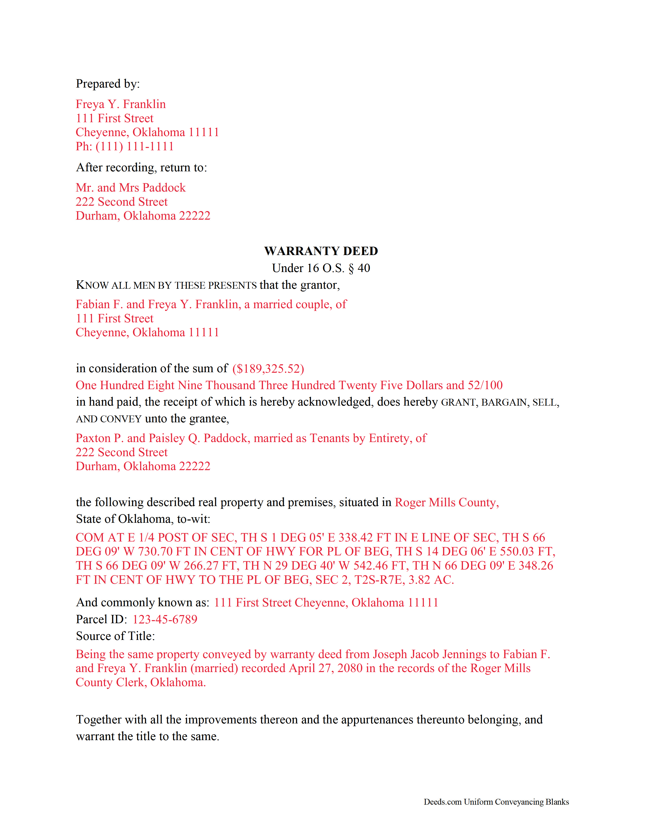 Completed Example of the Warranty Deed Document