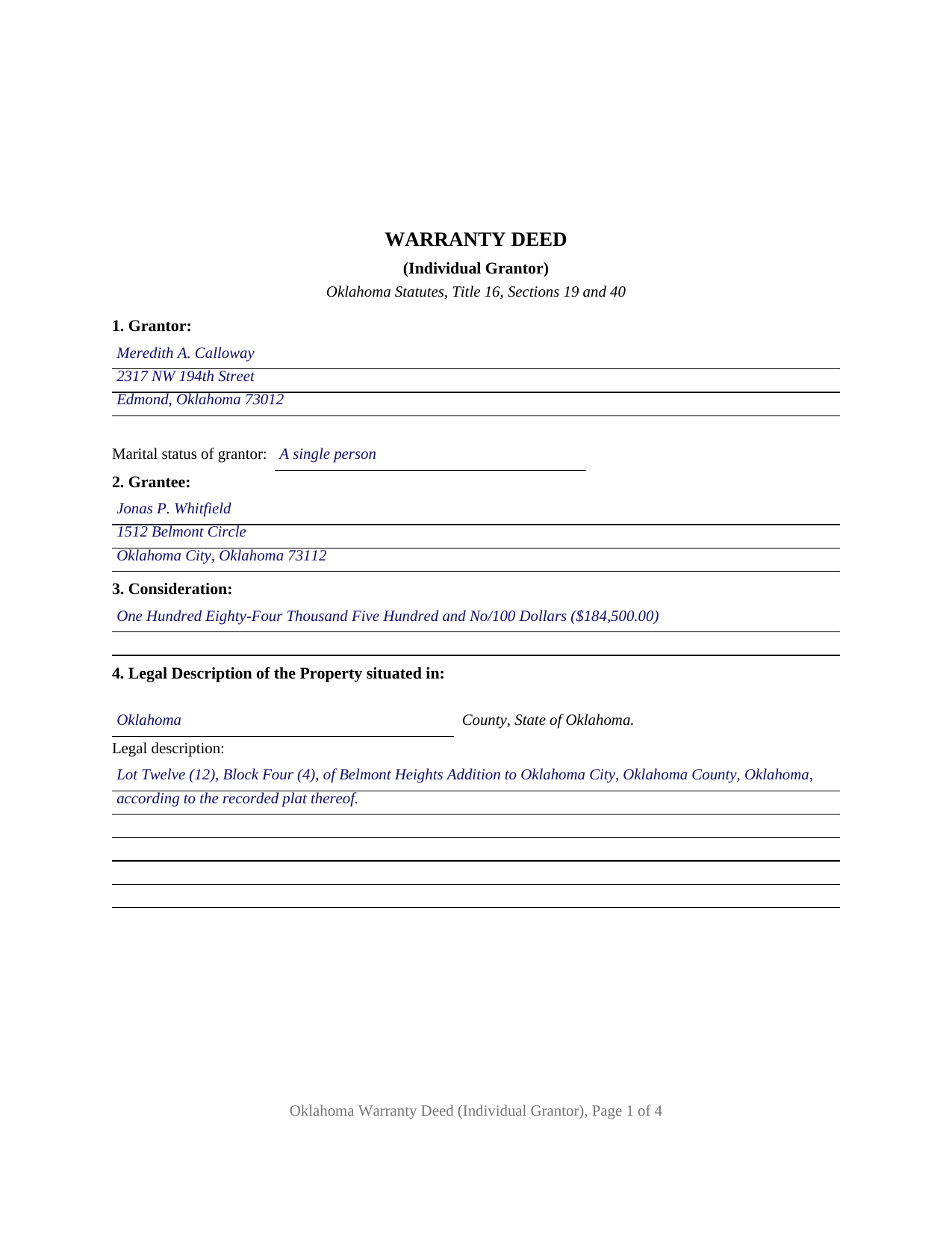 Tulsa County Completed Example of the Warranty Deed Document
