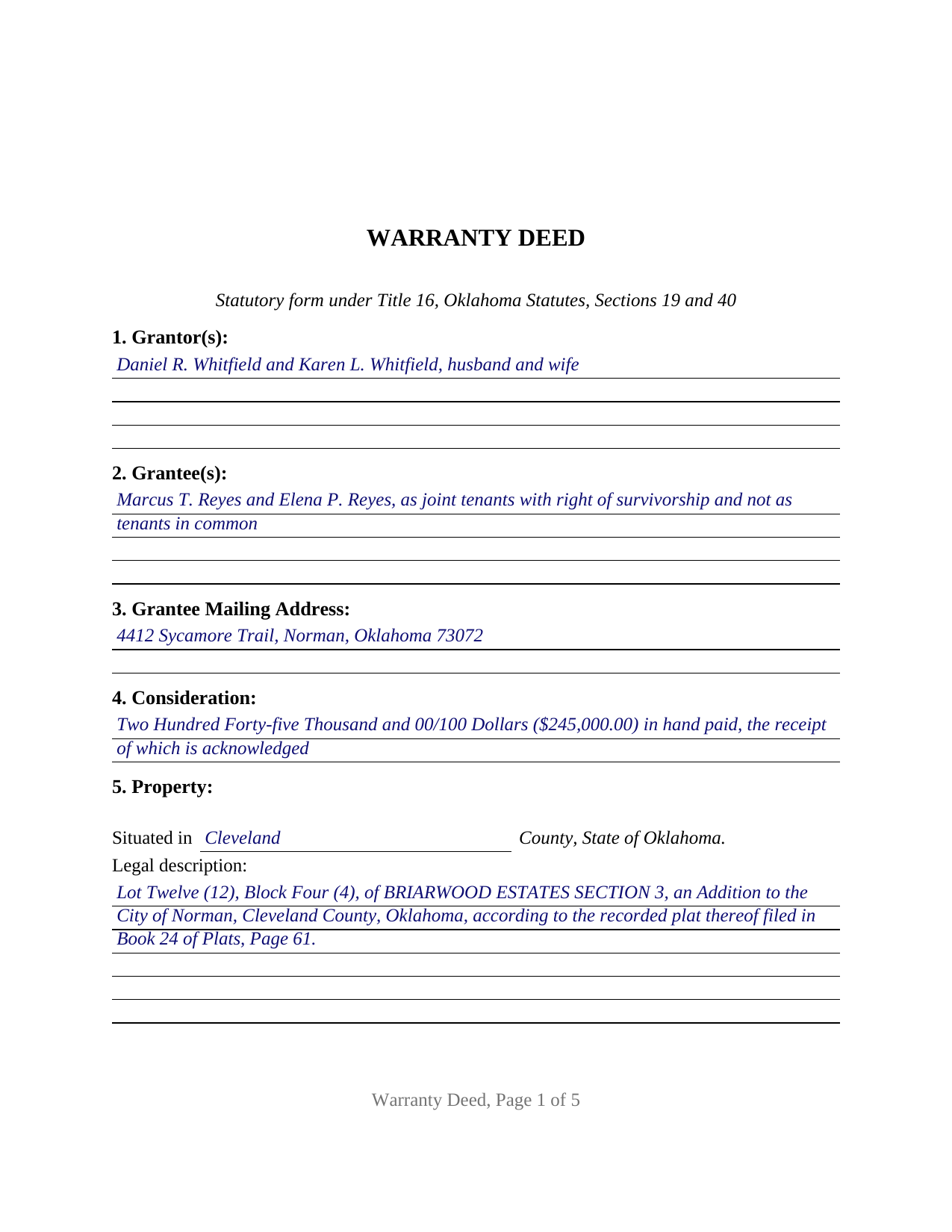 Lincoln County Completed Example of the Warranty Deed Document