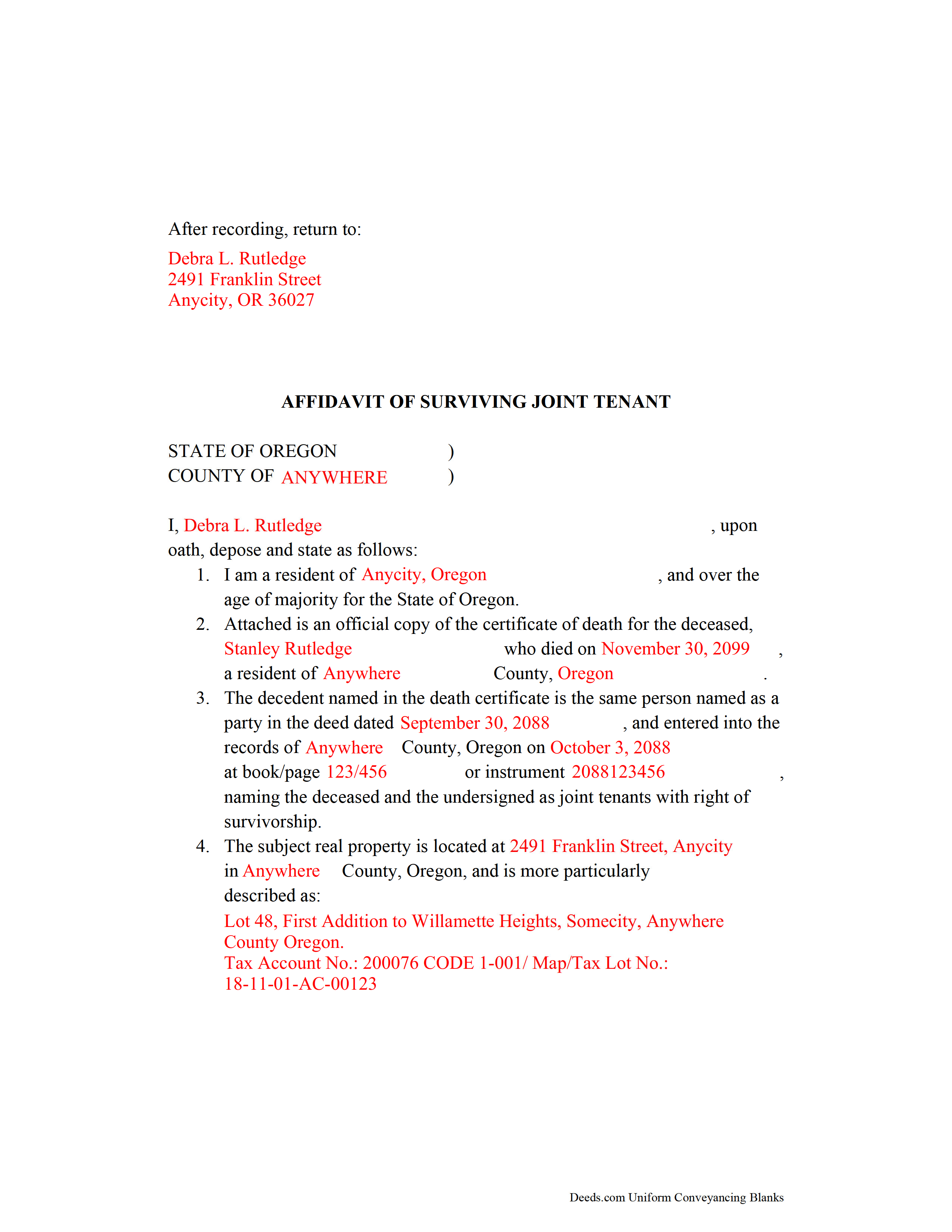 Completed Example of the Affidavit of Surviving Joint Tenant Document