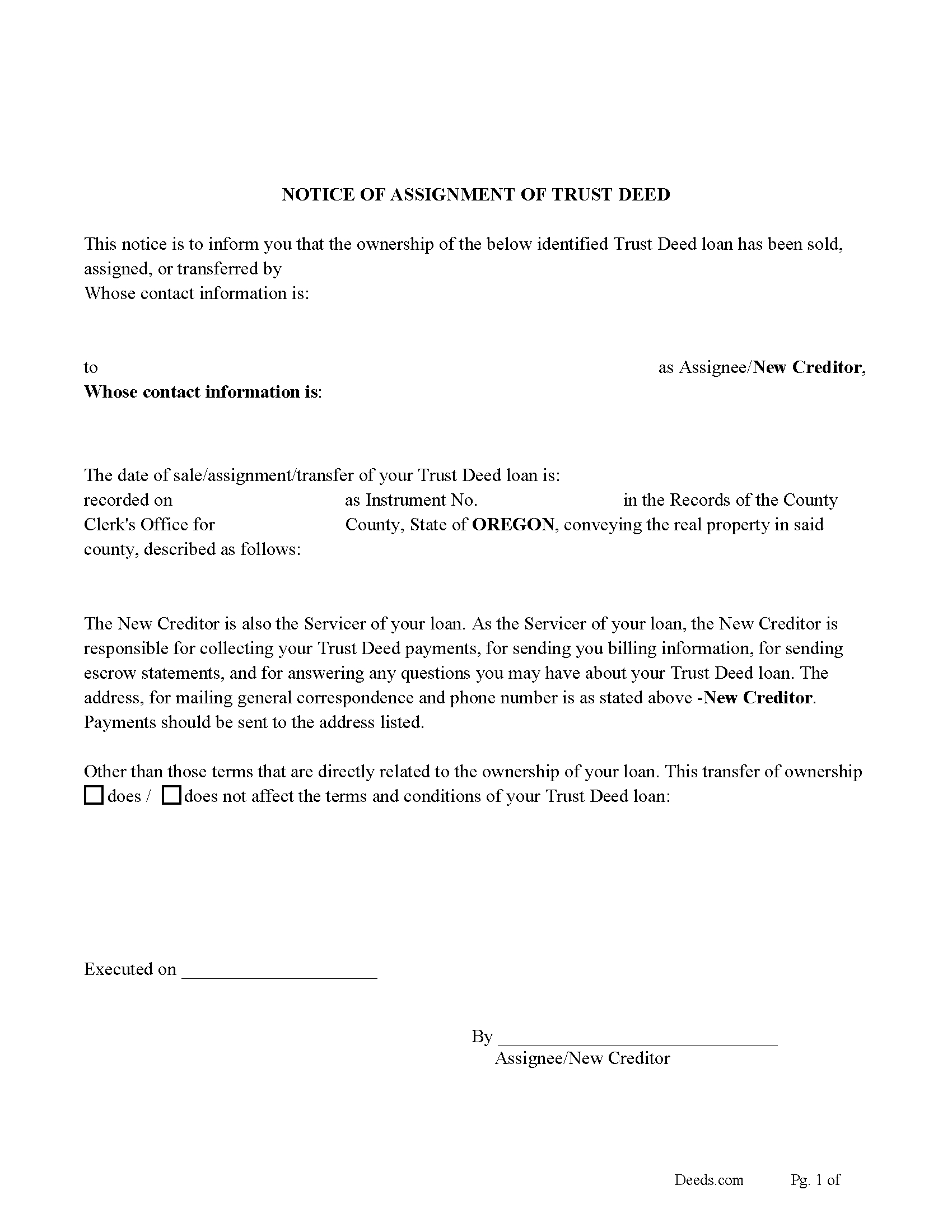 Notice of Assignment of Trust Deed Form