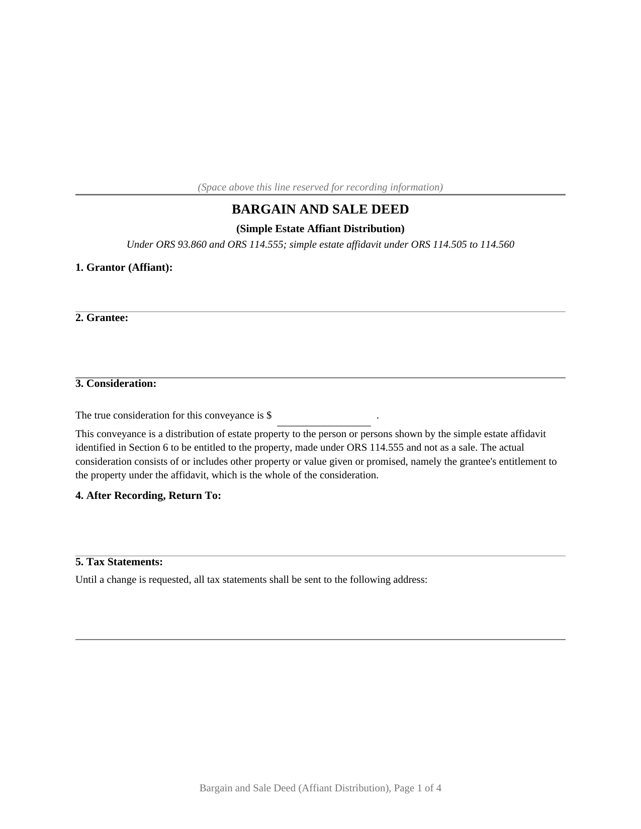 Umatilla County Bargain and Sale Deed (Simple Estate Affiant Distribution) Form
