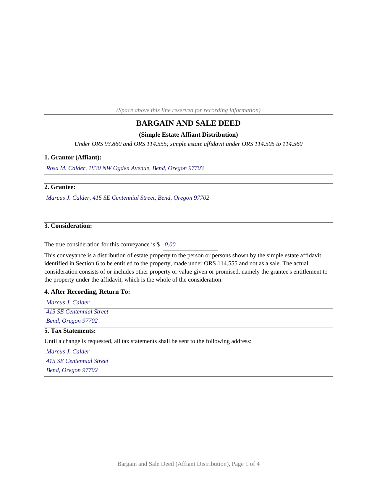 Umatilla County Completed Example of the Bargain and Sale Deed (Simple Estate Affiant Distribution) Document