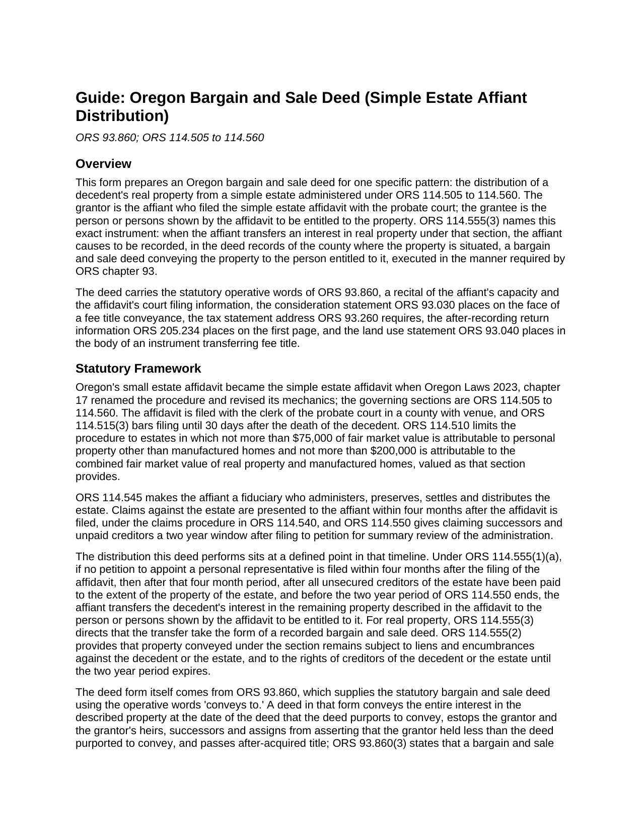 Umatilla County Bargain and Sale Deed (Simple Estate Affiant Distribution) Guide