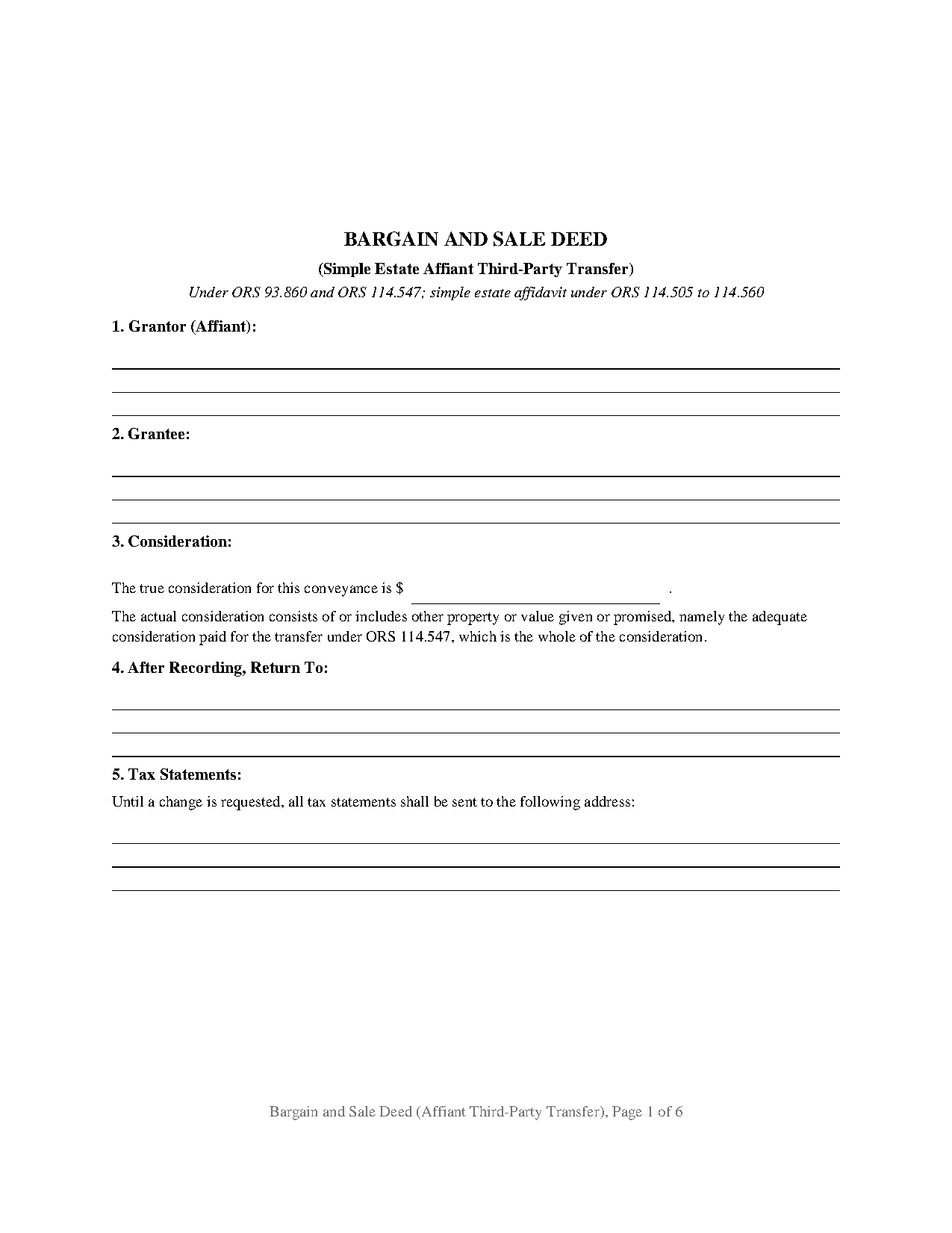 Grant County Bargain and Sale Deed (Simple Estate Affiant Distribution) Form