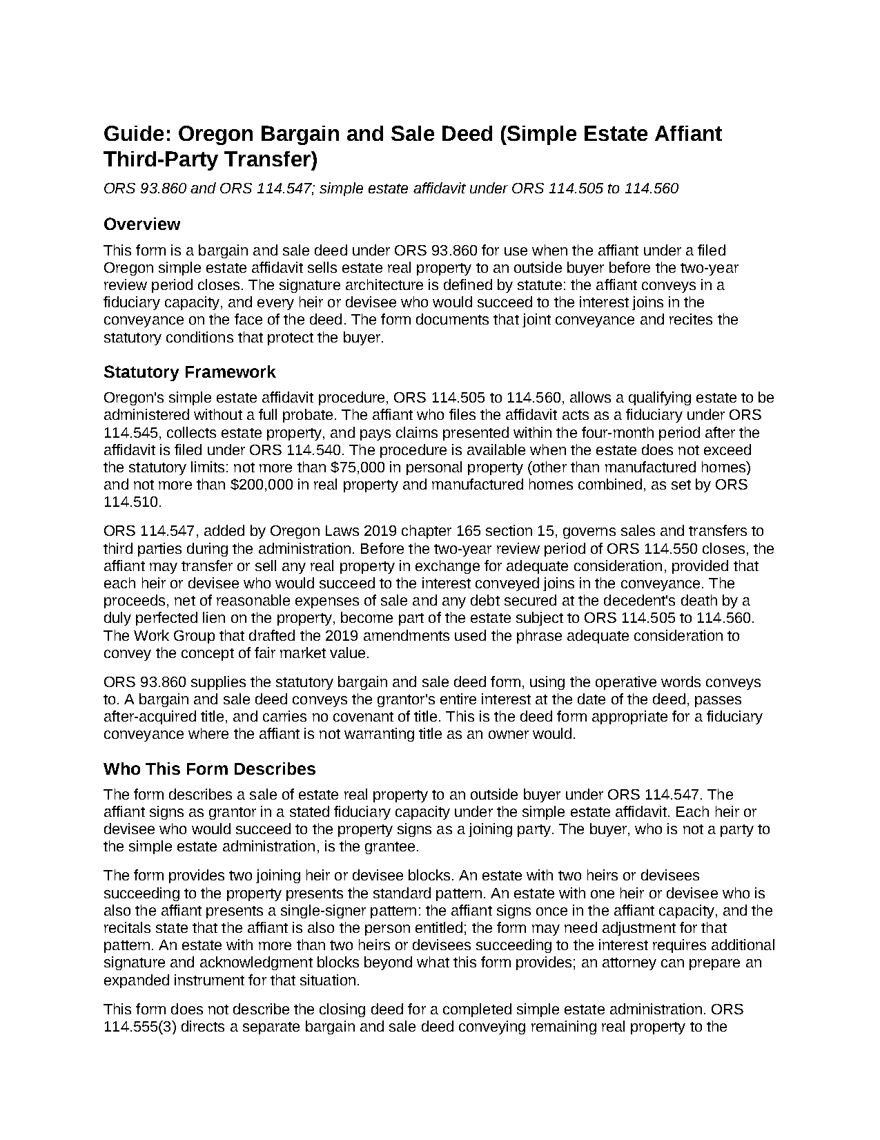 Grant County Bargain and Sale Deed (Simple Estate Affiant Distribution) Guide
