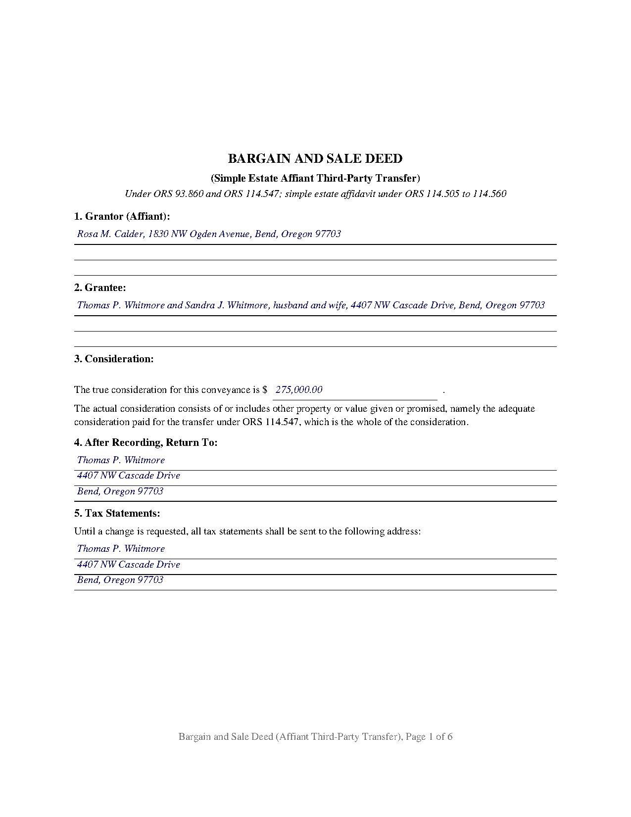 Grant County Completed Example of the Bargain and Sale Deed (Simple Estate Affiant Distribution) Document