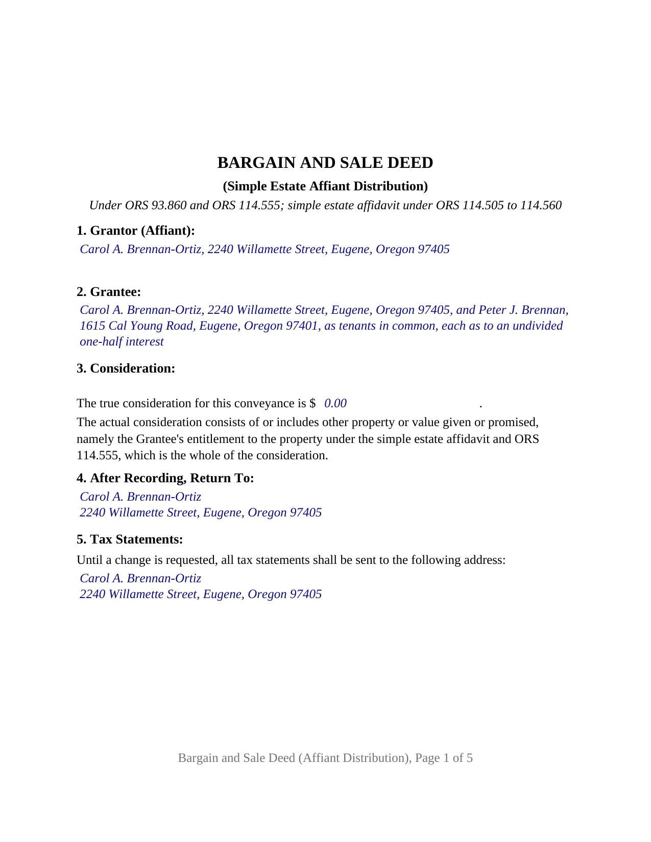 Wallowa County Completed Example of the Bargain and Sale Deed (Simple Estate Affiant Distribution) Document