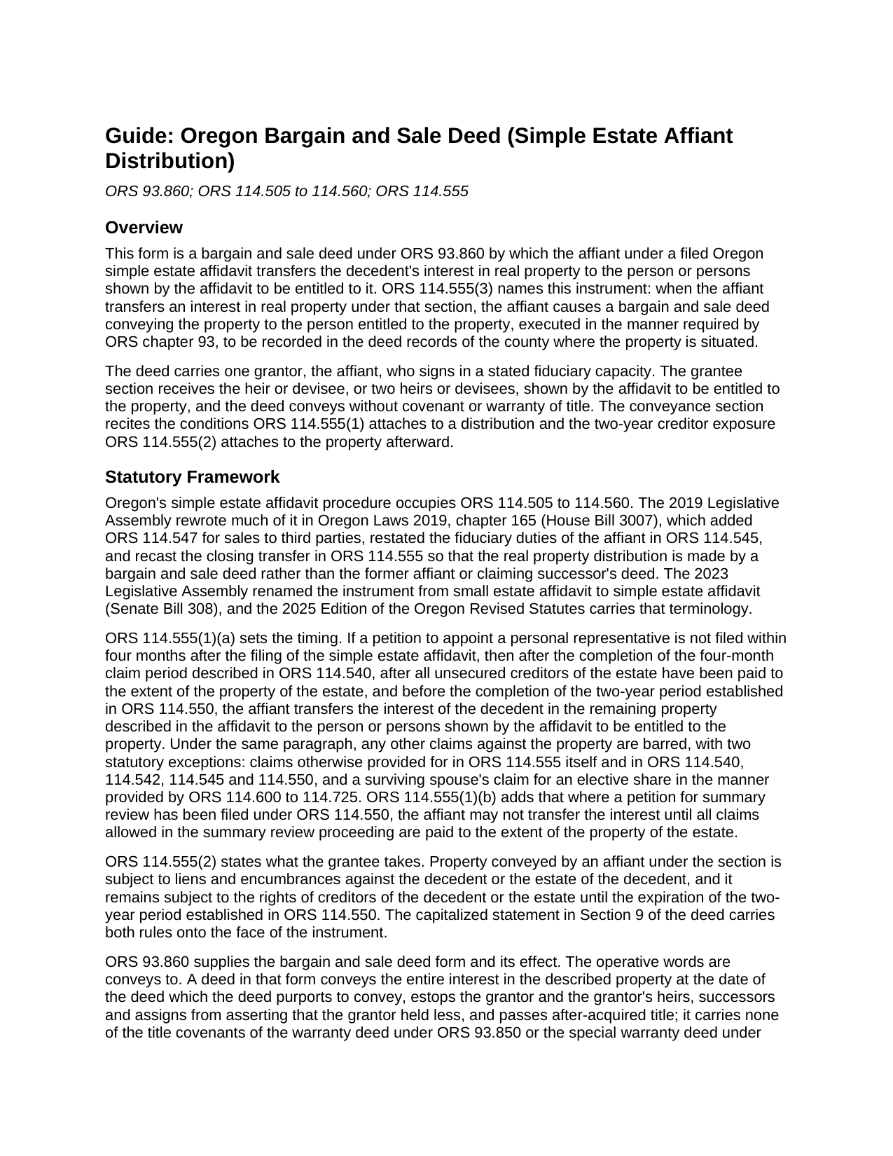 Wallowa County Bargain and Sale Deed (Simple Estate Affiant Distribution) Guide