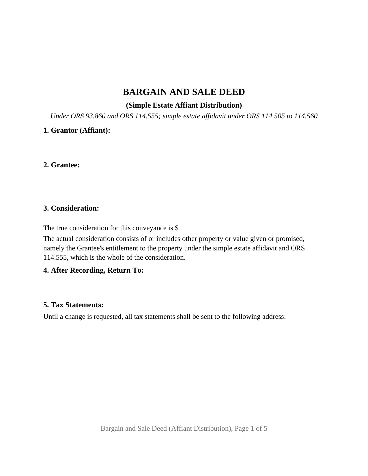 Wallowa County Bargain and Sale Deed (Simple Estate Affiant Distribution) Form