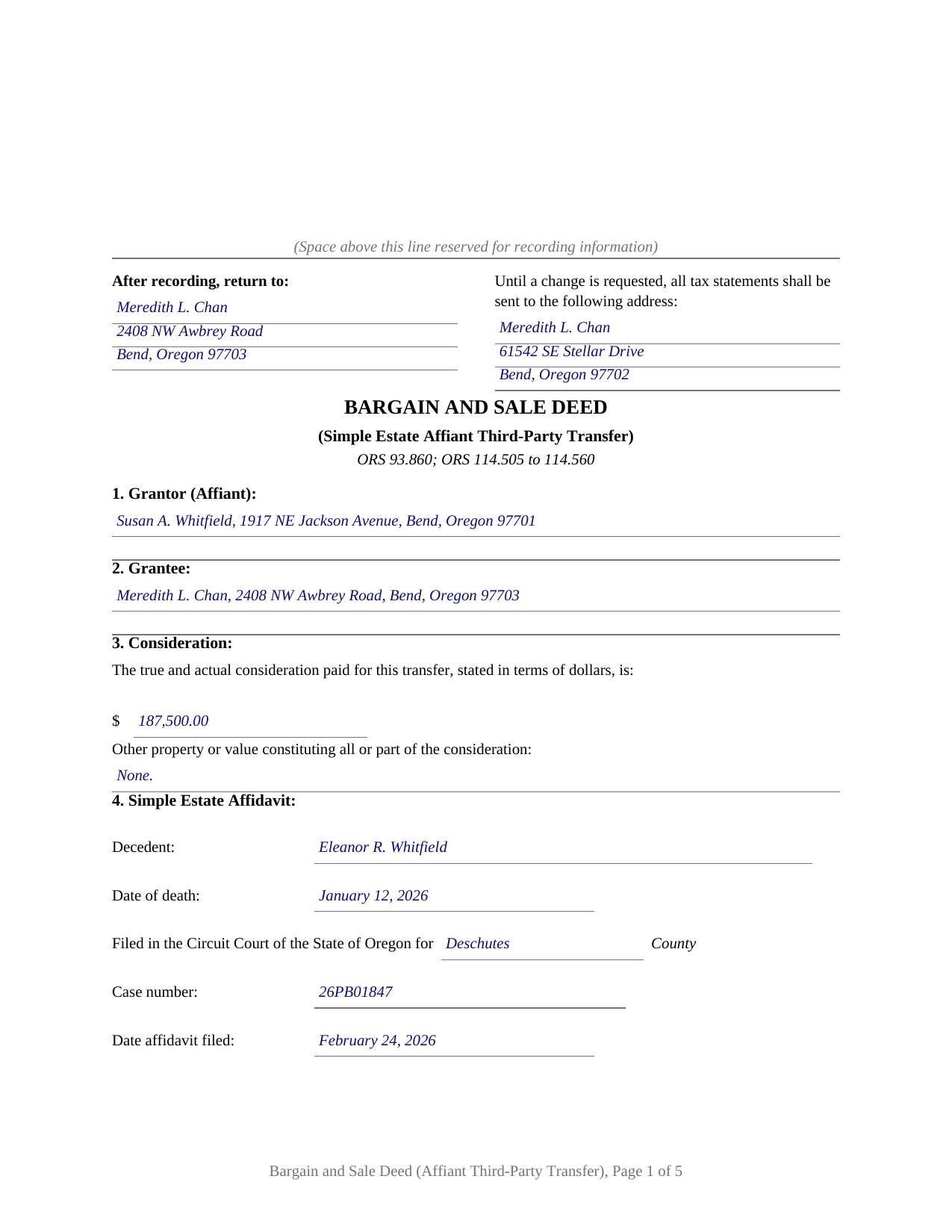 Umatilla County Completed Example of the Bargain and Sale Deed (Simple Estate Affiant Third-Party Transfer) Document
