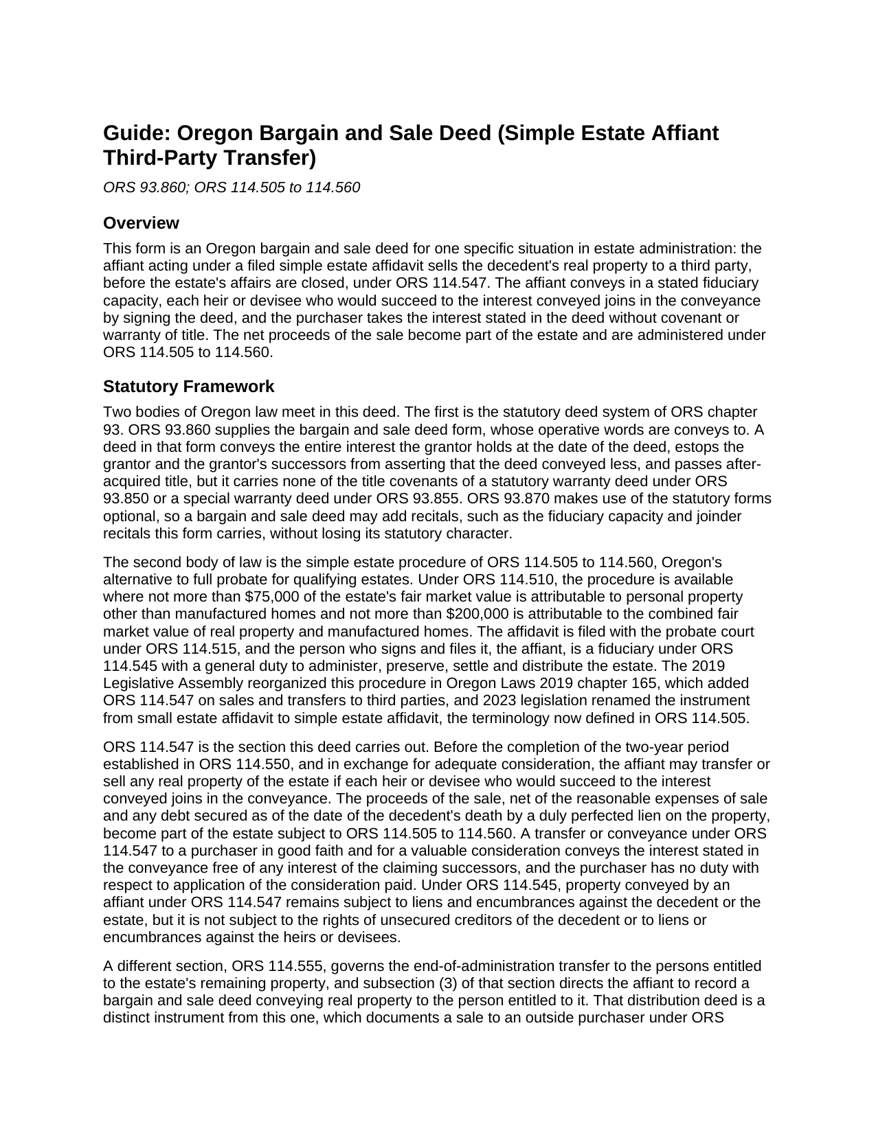 Umatilla County Bargain and Sale Deed (Simple Estate Affiant Third-Party Transfer) Guide