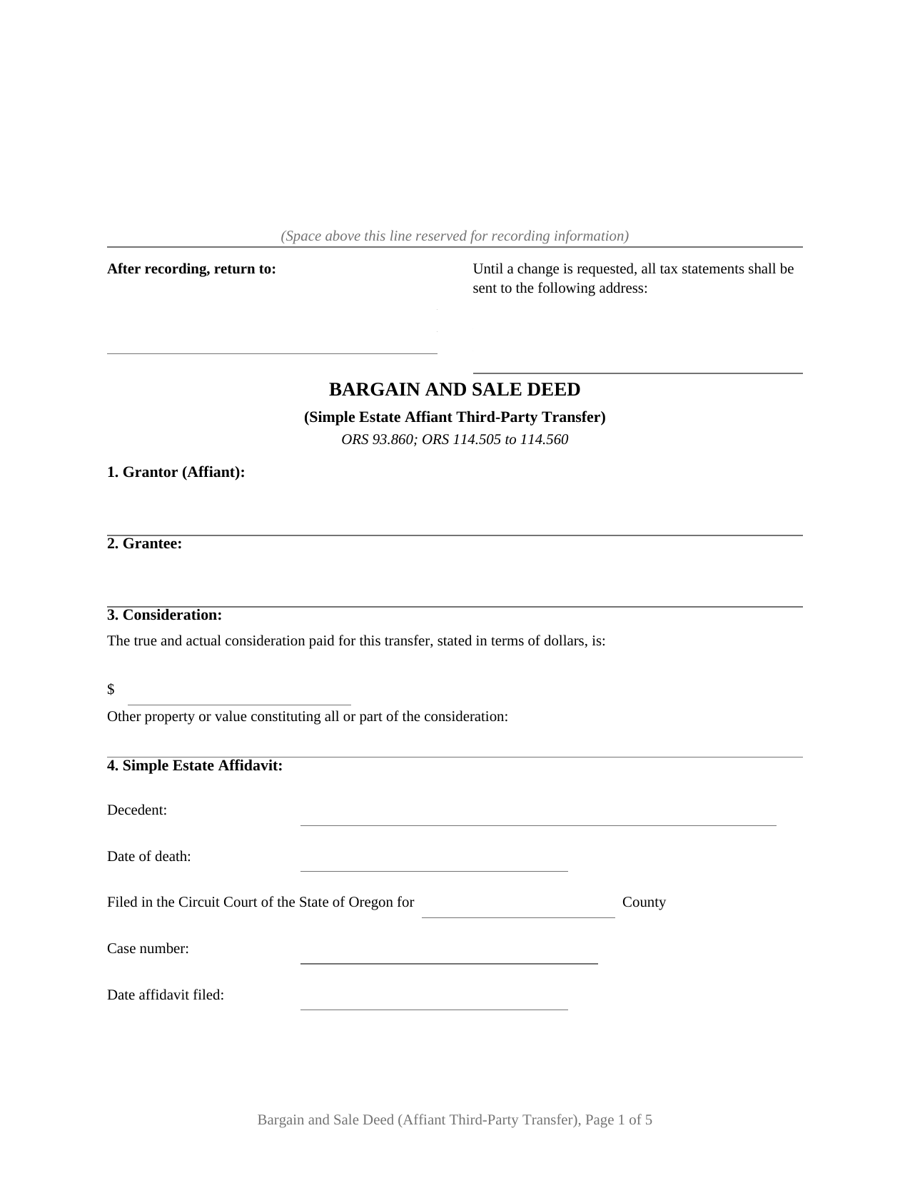 Umatilla County Bargain and Sale Deed (Simple Estate Affiant Third-Party Transfer) Form