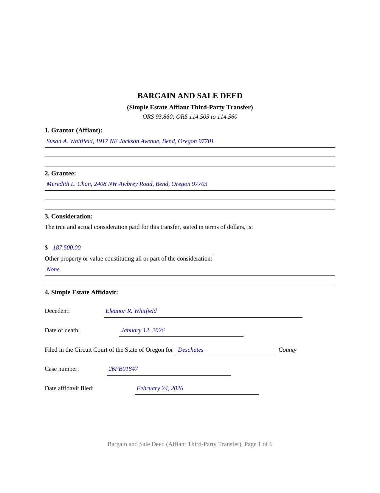 Jackson County Completed Example of the Bargain and Sale Deed (Simple Estate Affiant Third-Party Transfer) Document