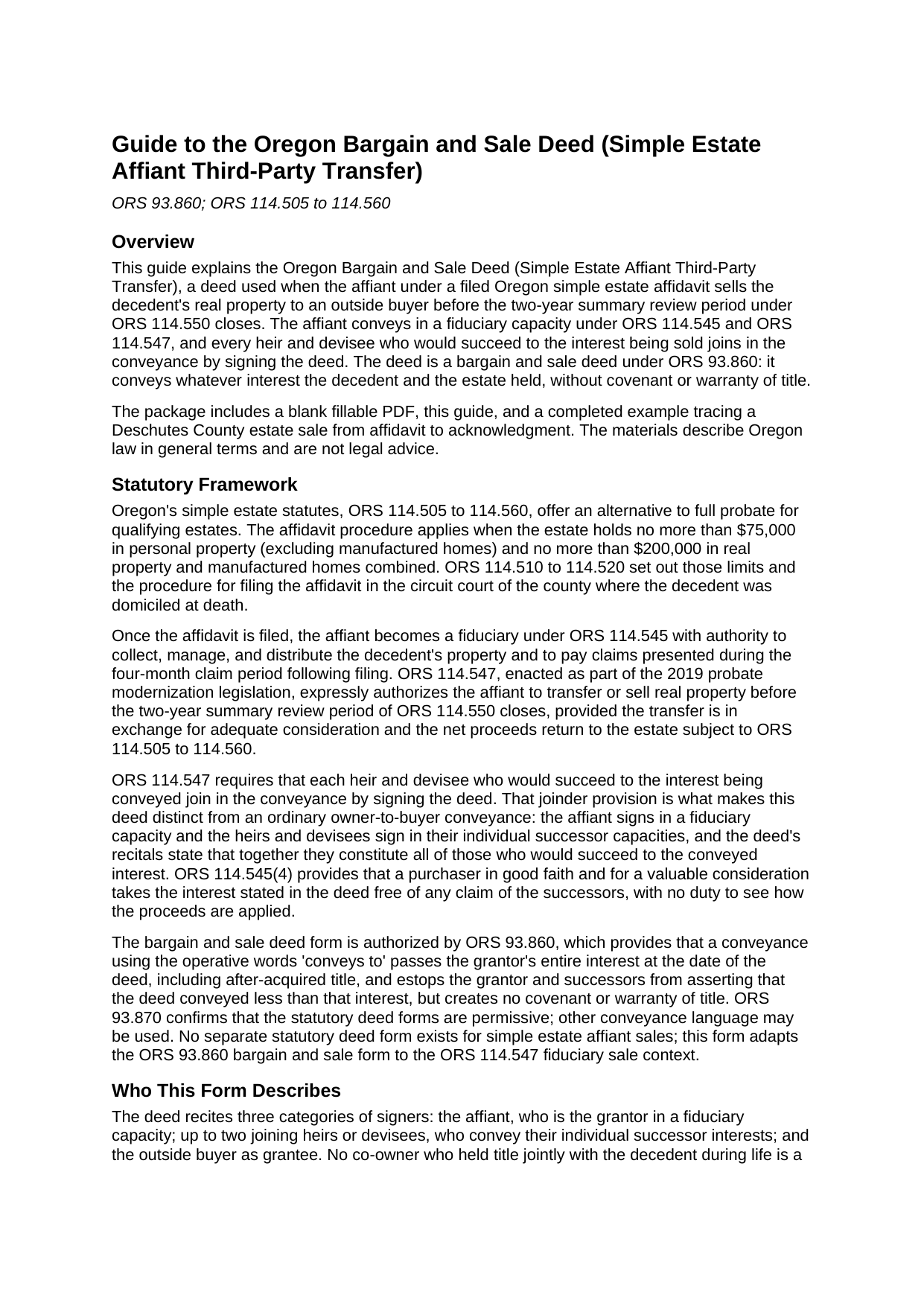 Jackson County Bargain and Sale Deed (Simple Estate Affiant Third-Party Transfer) Guide