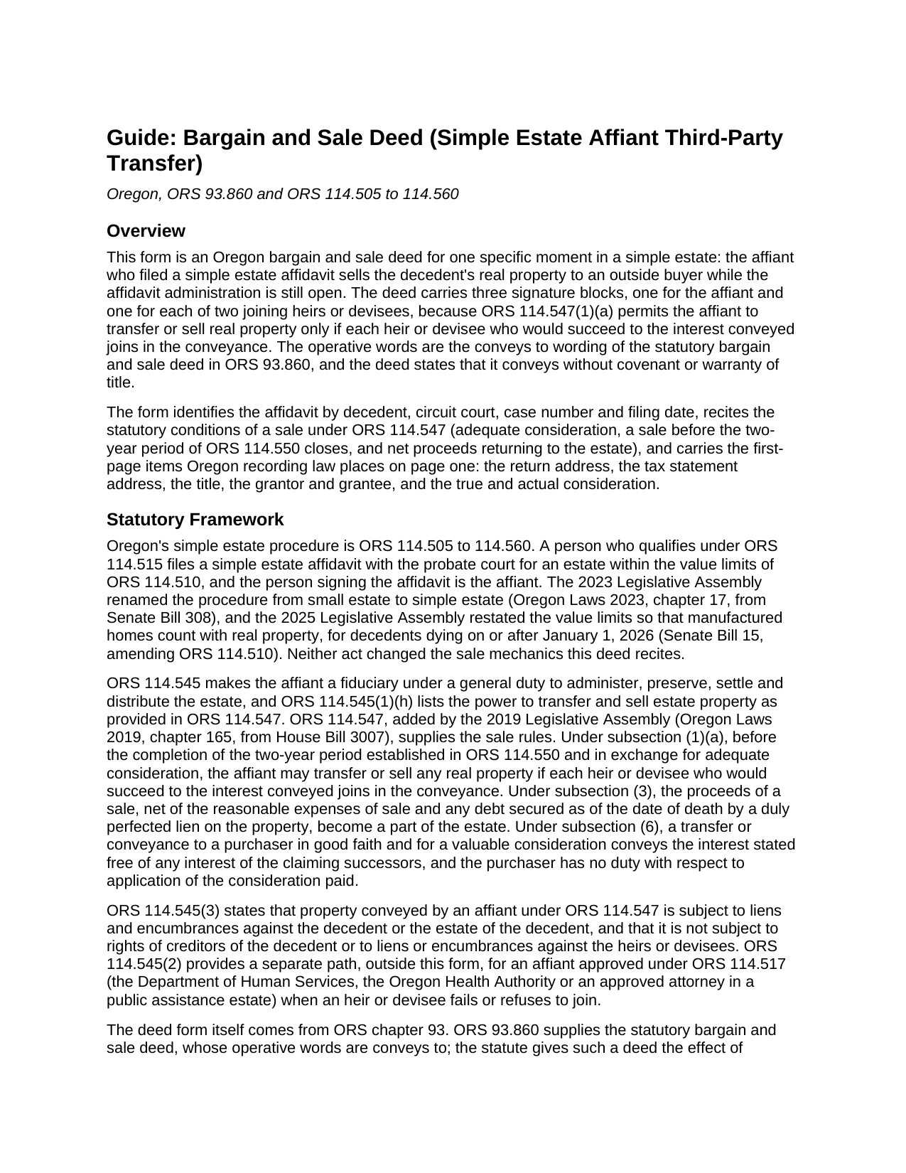 Lake County Bargain and Sale Deed (Simple Estate Affiant Third-Party Transfer) Guide