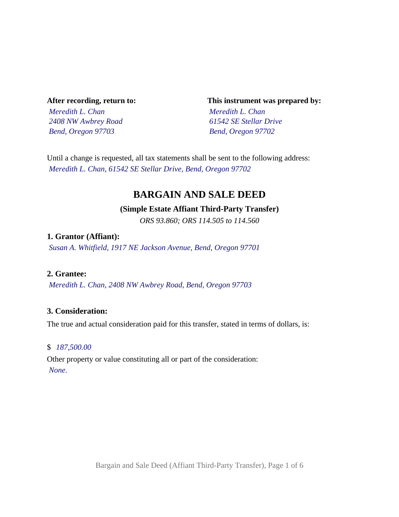Lake County Completed Example of the Bargain and Sale Deed (Simple Estate Affiant Third-Party Transfer) Document