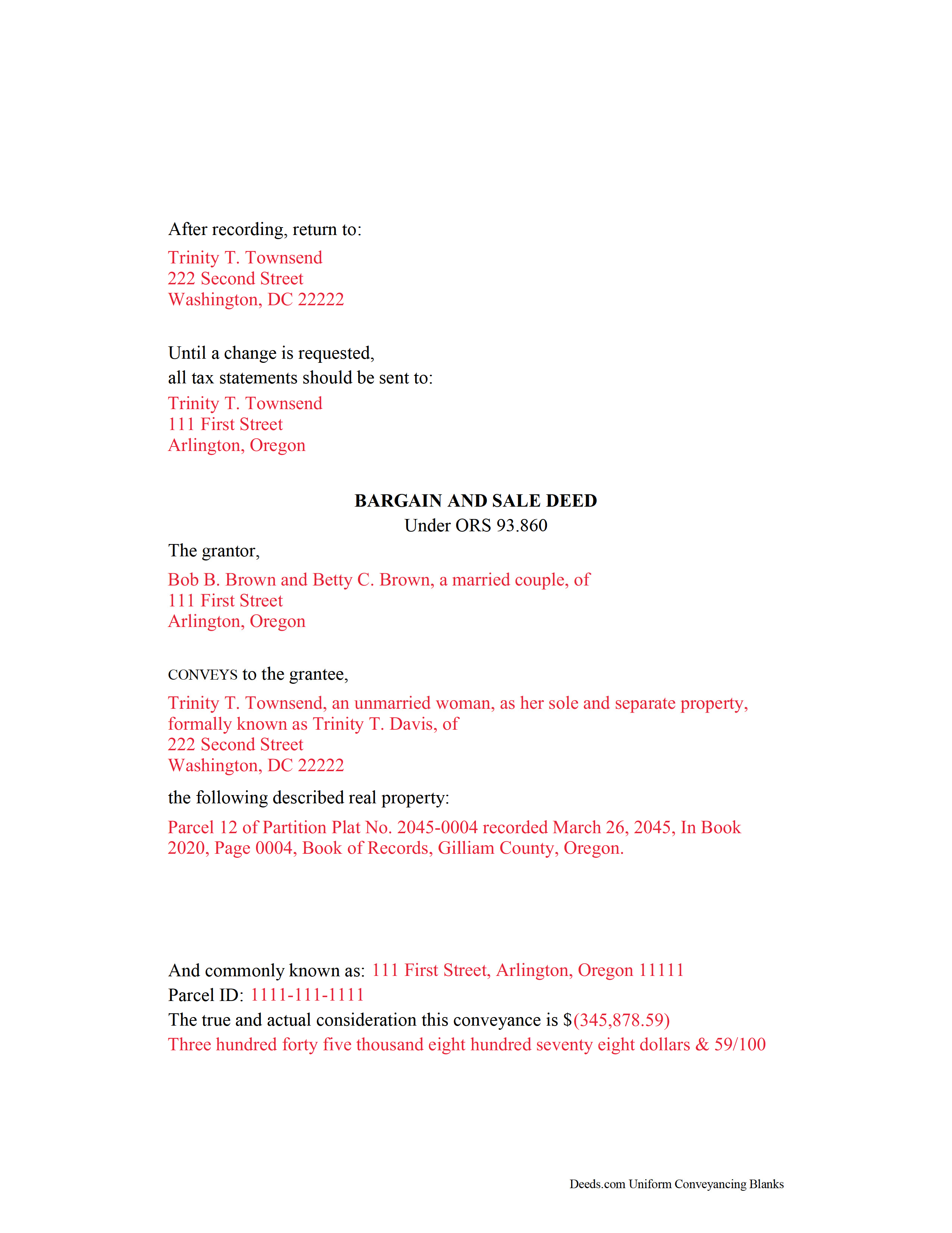 Josephine County Completed Example of the Bargain and Sale Deed Document
