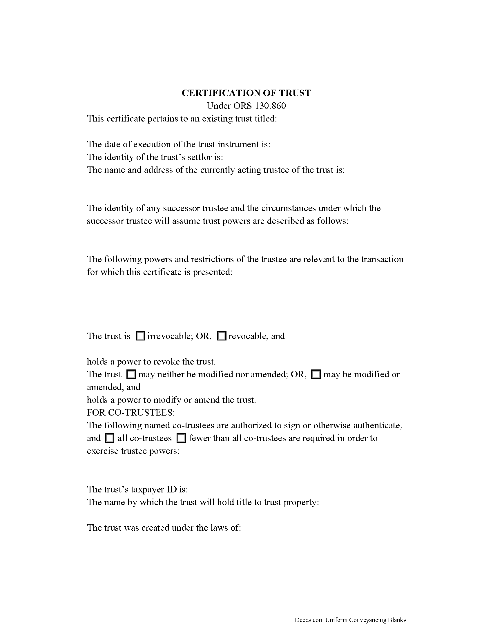 Certificate of Trust Form