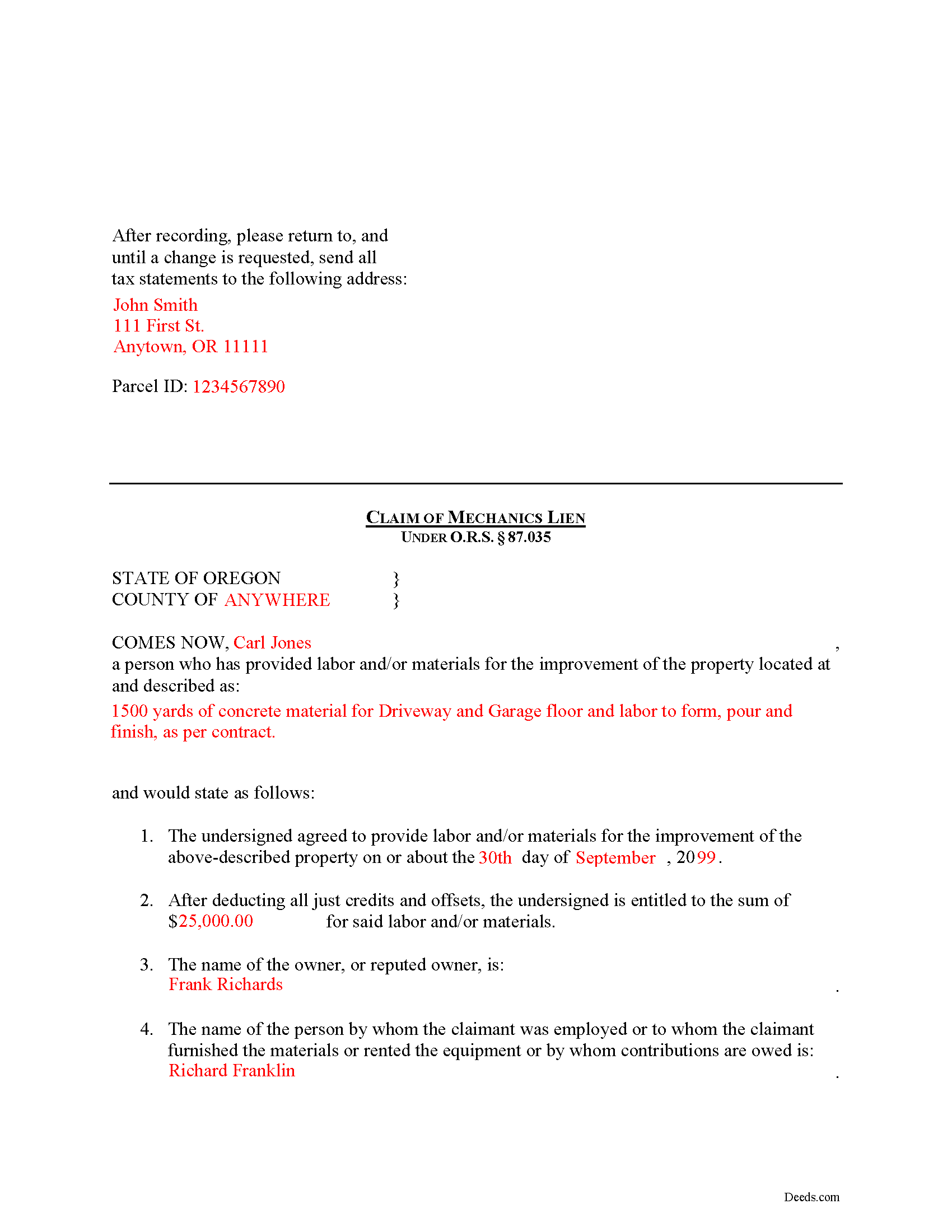 Completed Example of the Claim of Mechanics Lien Document