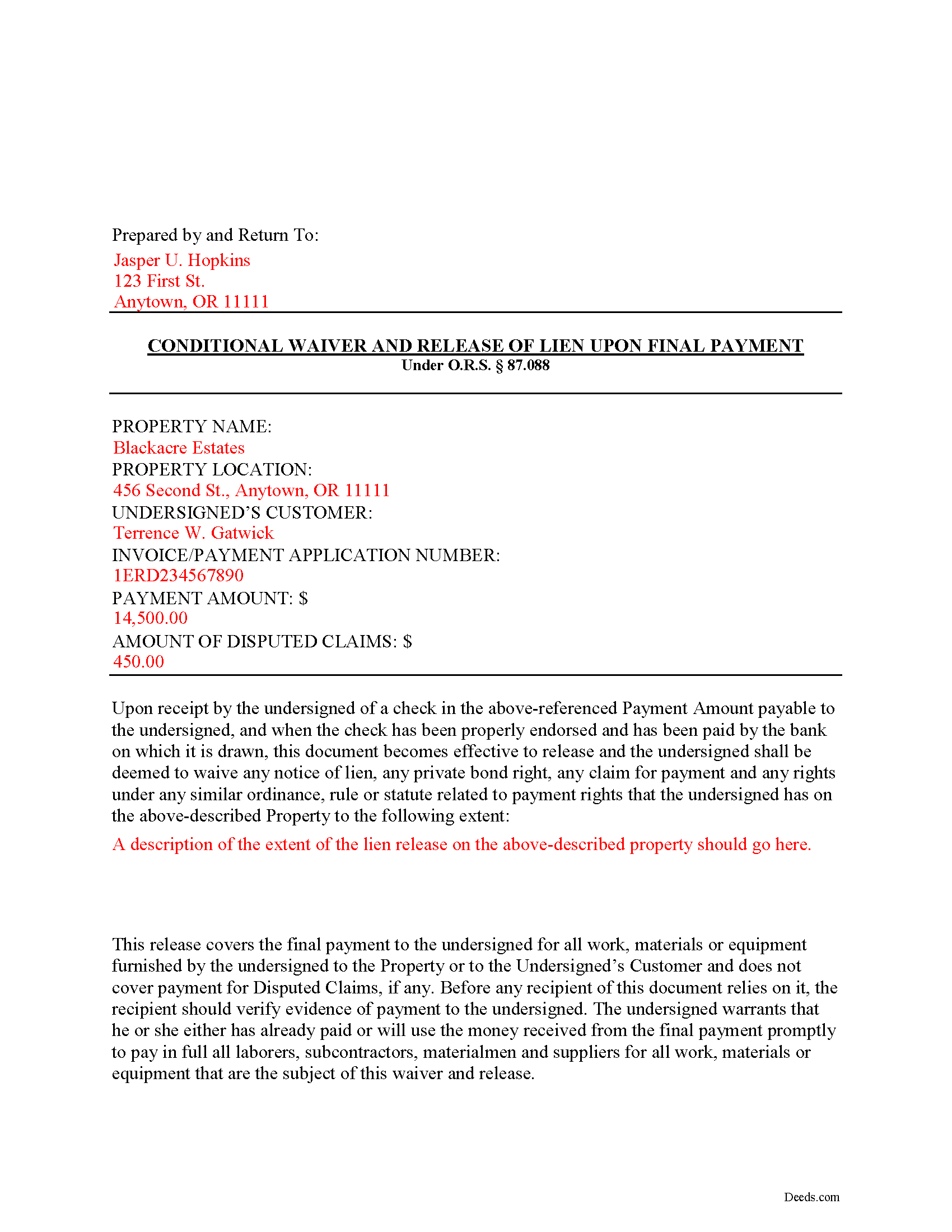 Completed Example of the Conditional Lien Waiver on Final Payment Document