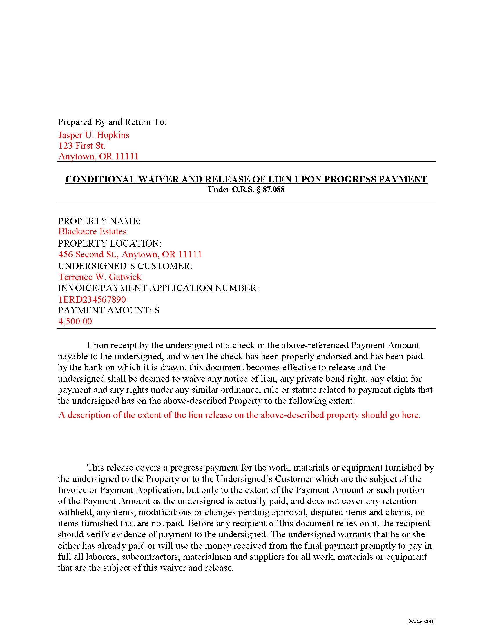 Completed Example of the Conditional Lien Waiver on Progess Payment Document