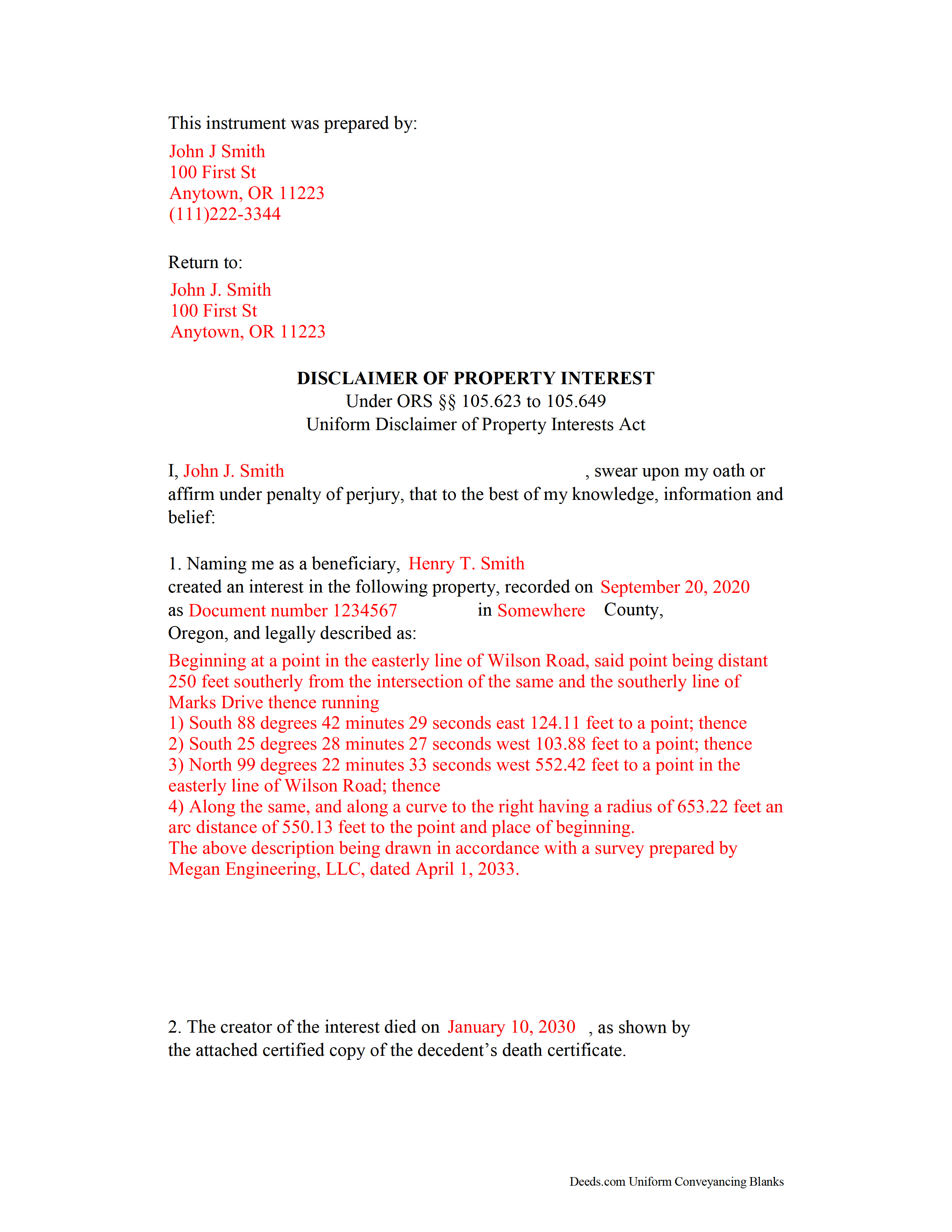 Completed Example of the Disclaimer of Property Interest Document